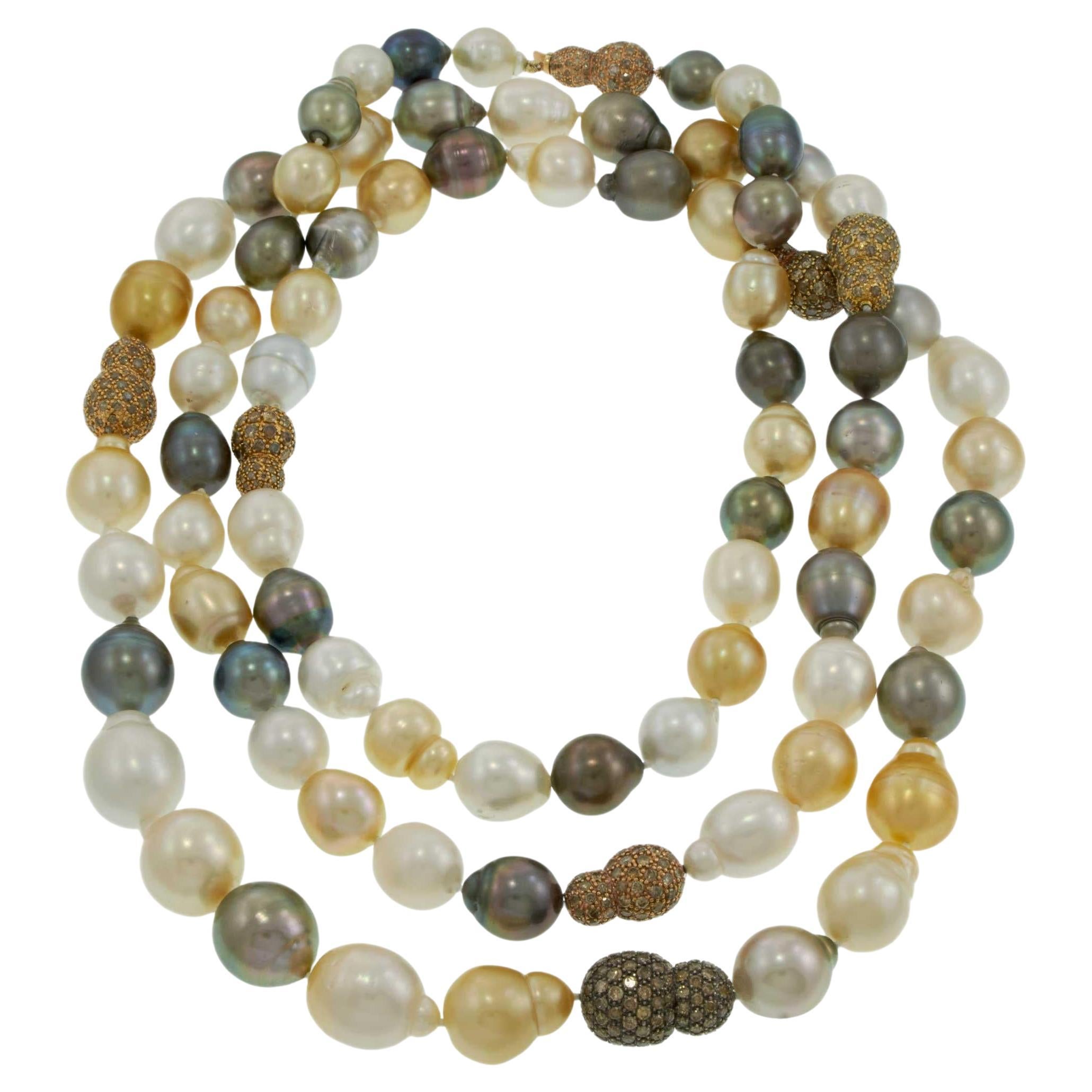 Multi-Color South Sea Pearl Necklace with Diamond Nugget Stations in vendita