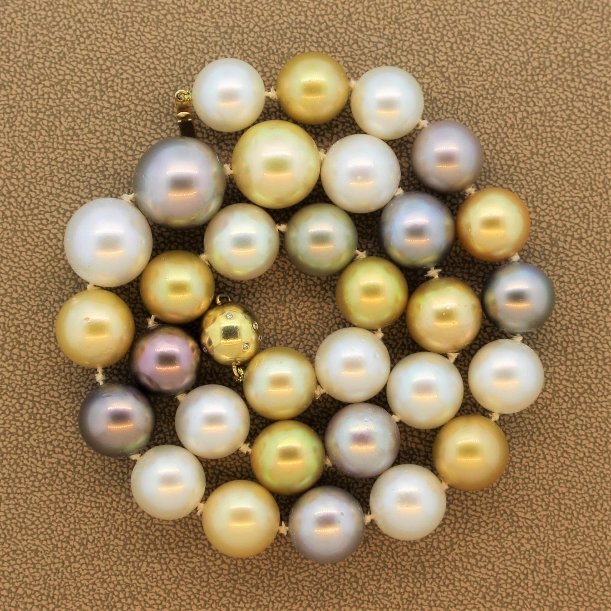 Multi-Color South Sea and Tahitian Pearl Diamond Gold Necklace For Sale 3