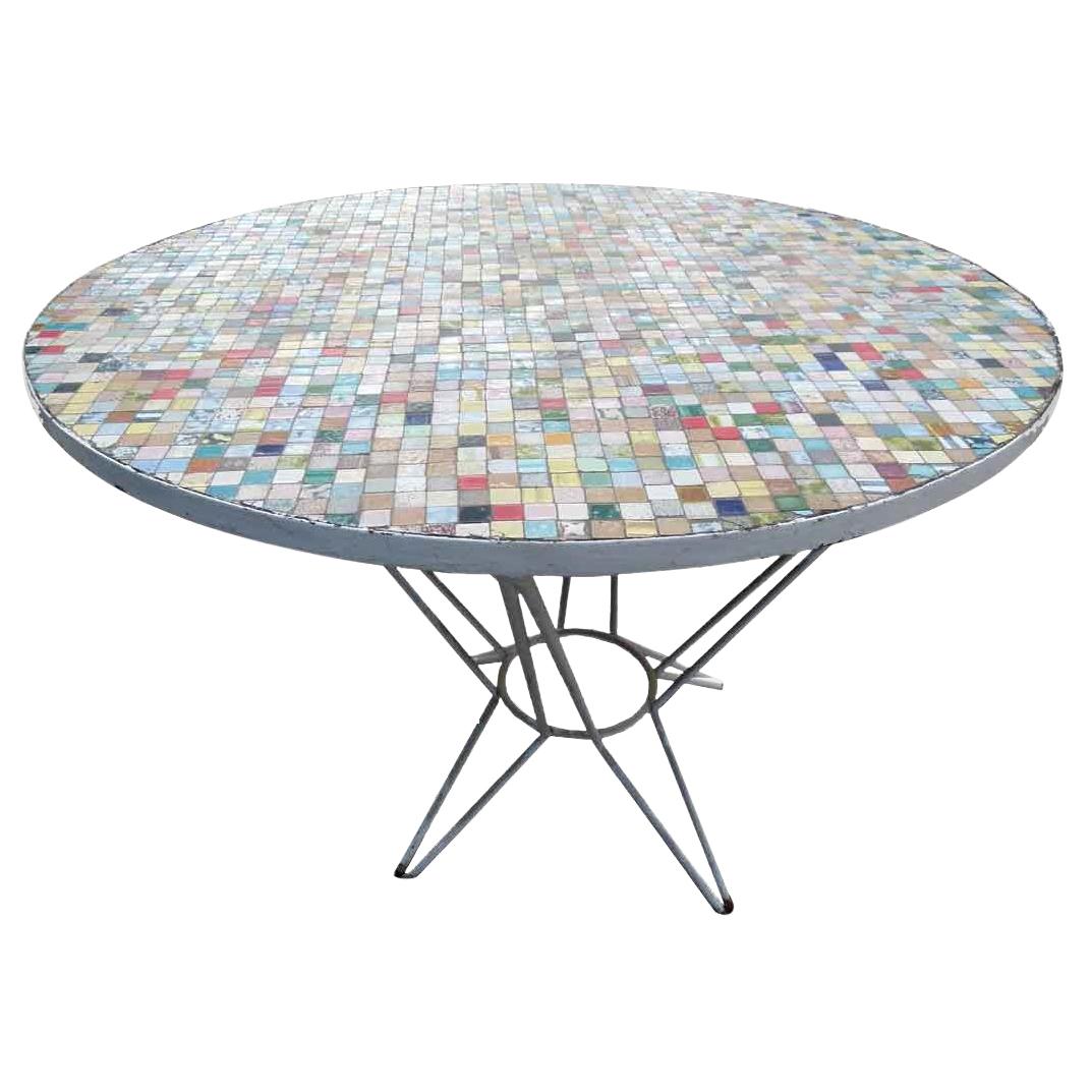 Round Ceramic Tile Garden Table with Iron Base