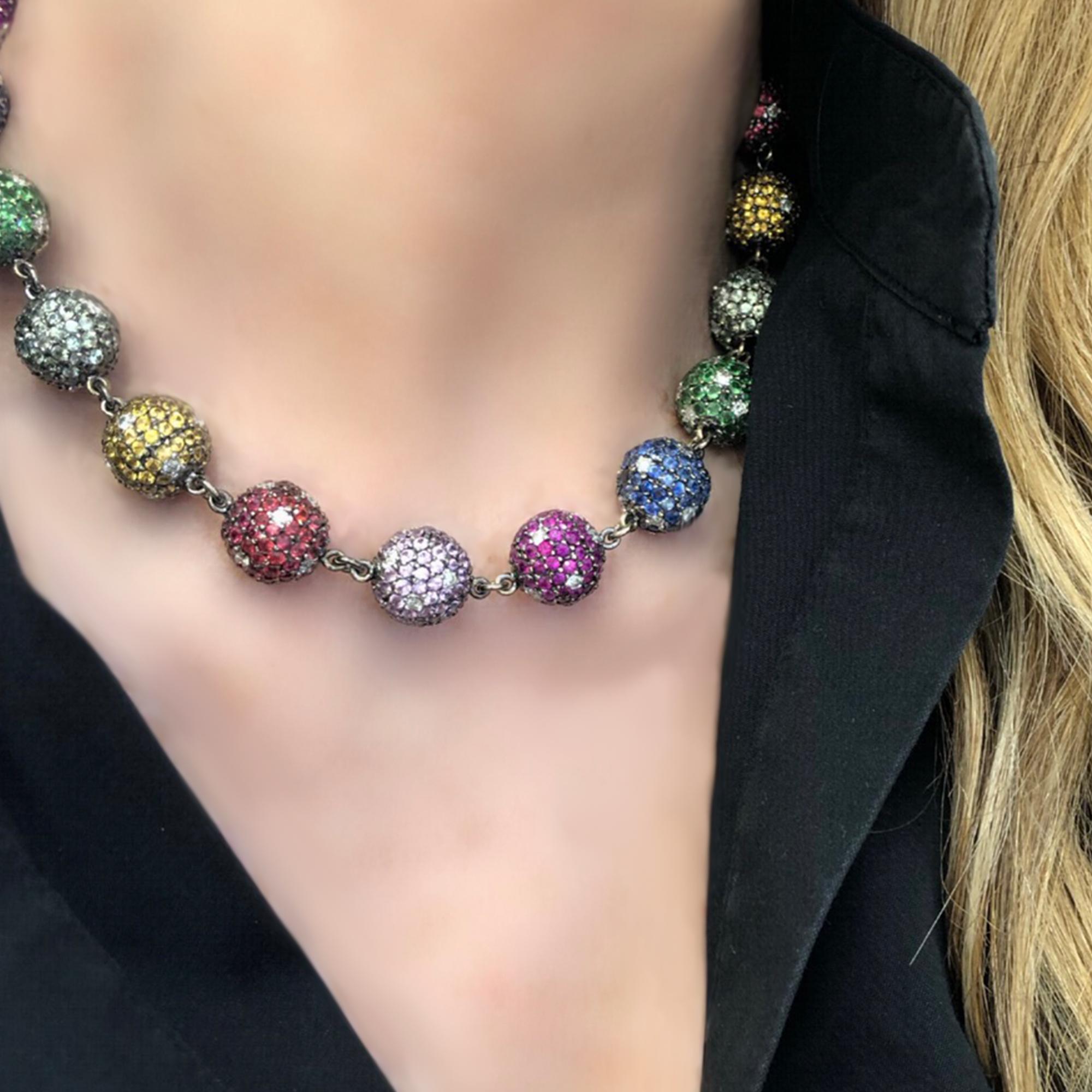Multi-color Stone and Diamond Pave Bead necklace in 18k For Sale 1