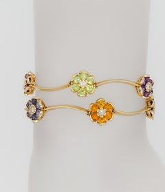 Multi Color Stone and White Diamond Floral Bracelet in 14k Yellow Gold