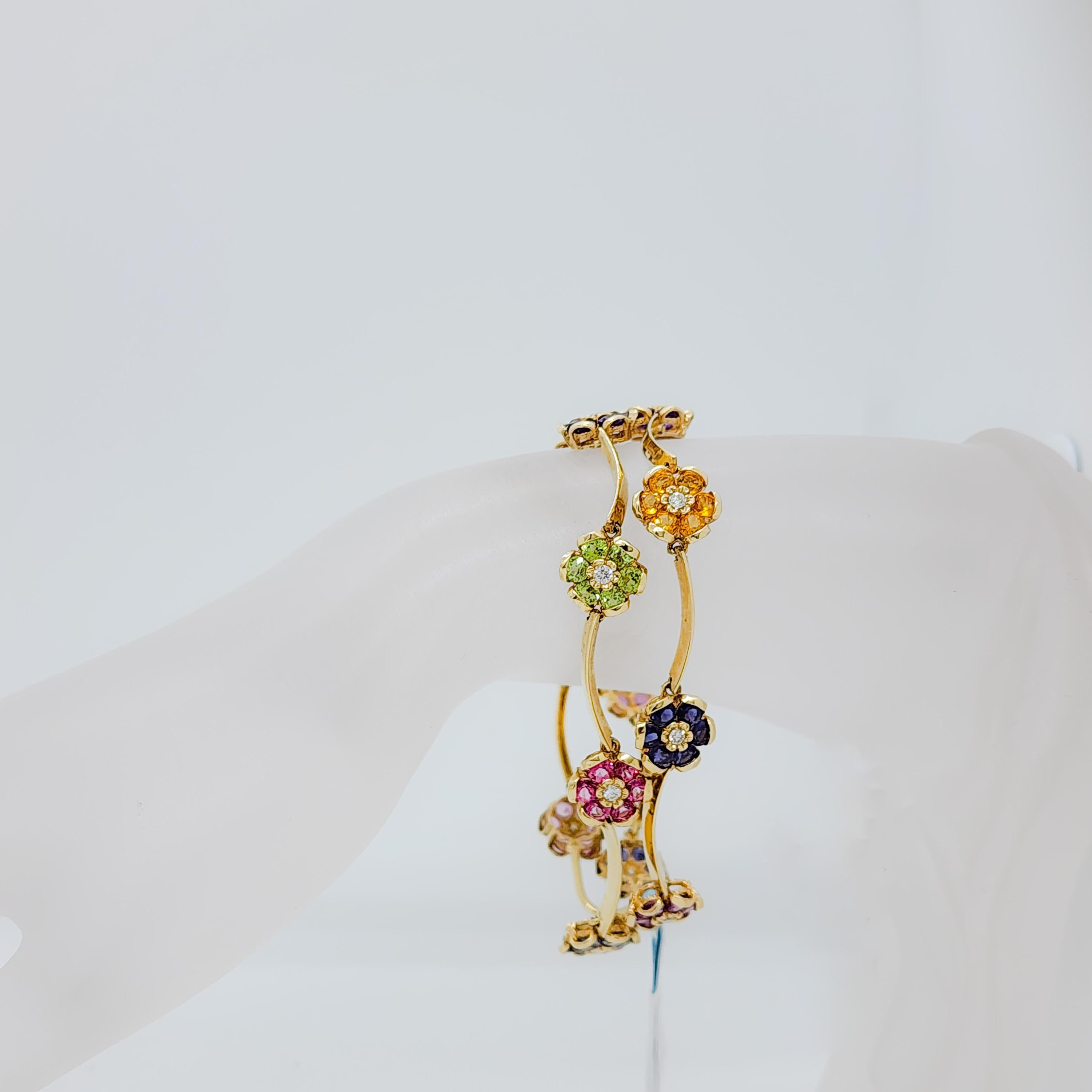 Multi Color Stone and White Diamond Floral Bracelet in 14k Yellow Gold In New Condition For Sale In Los Angeles, CA