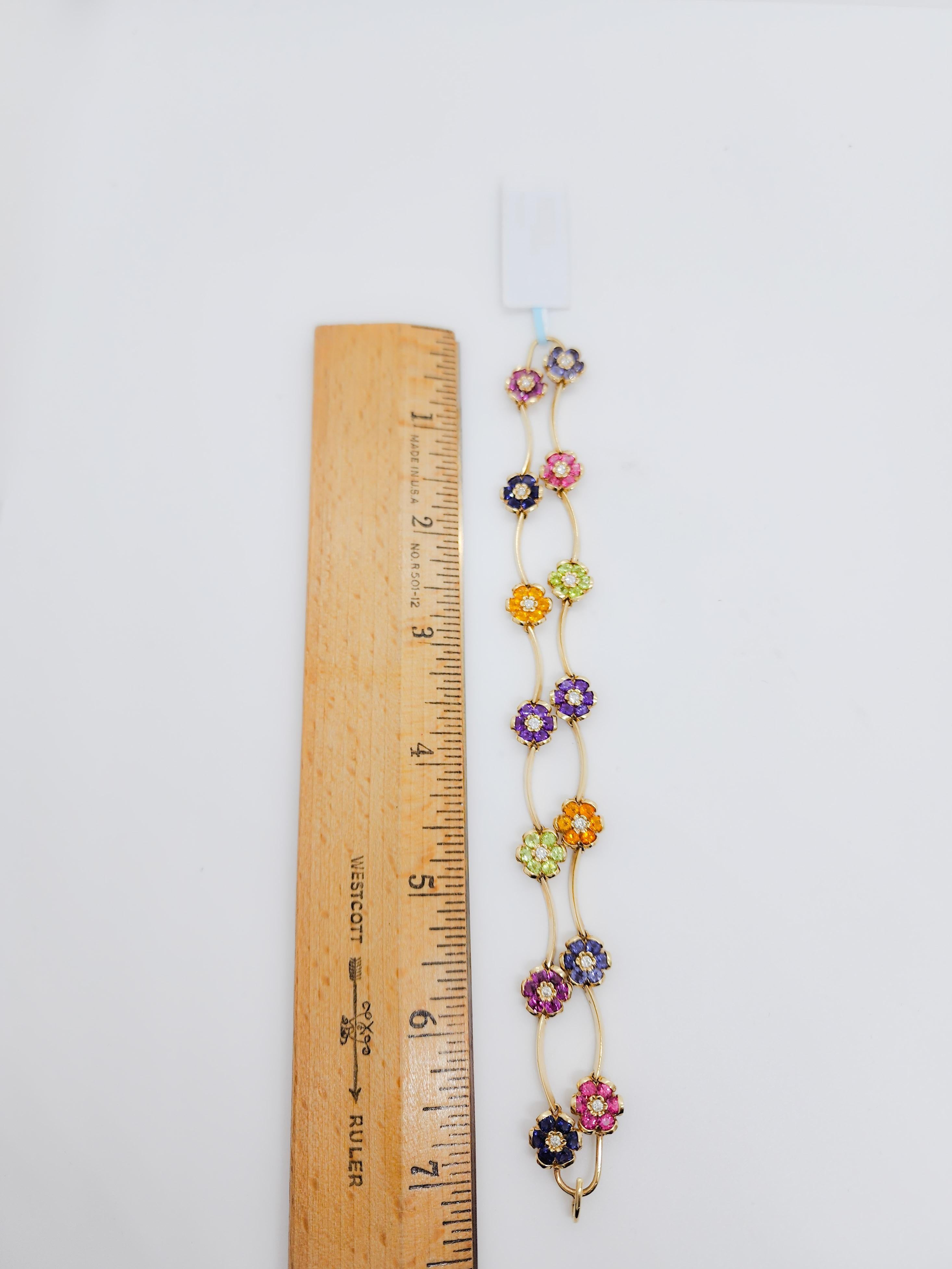 Multi Color Stone and White Diamond Floral Bracelet in 14k Yellow Gold For Sale 1