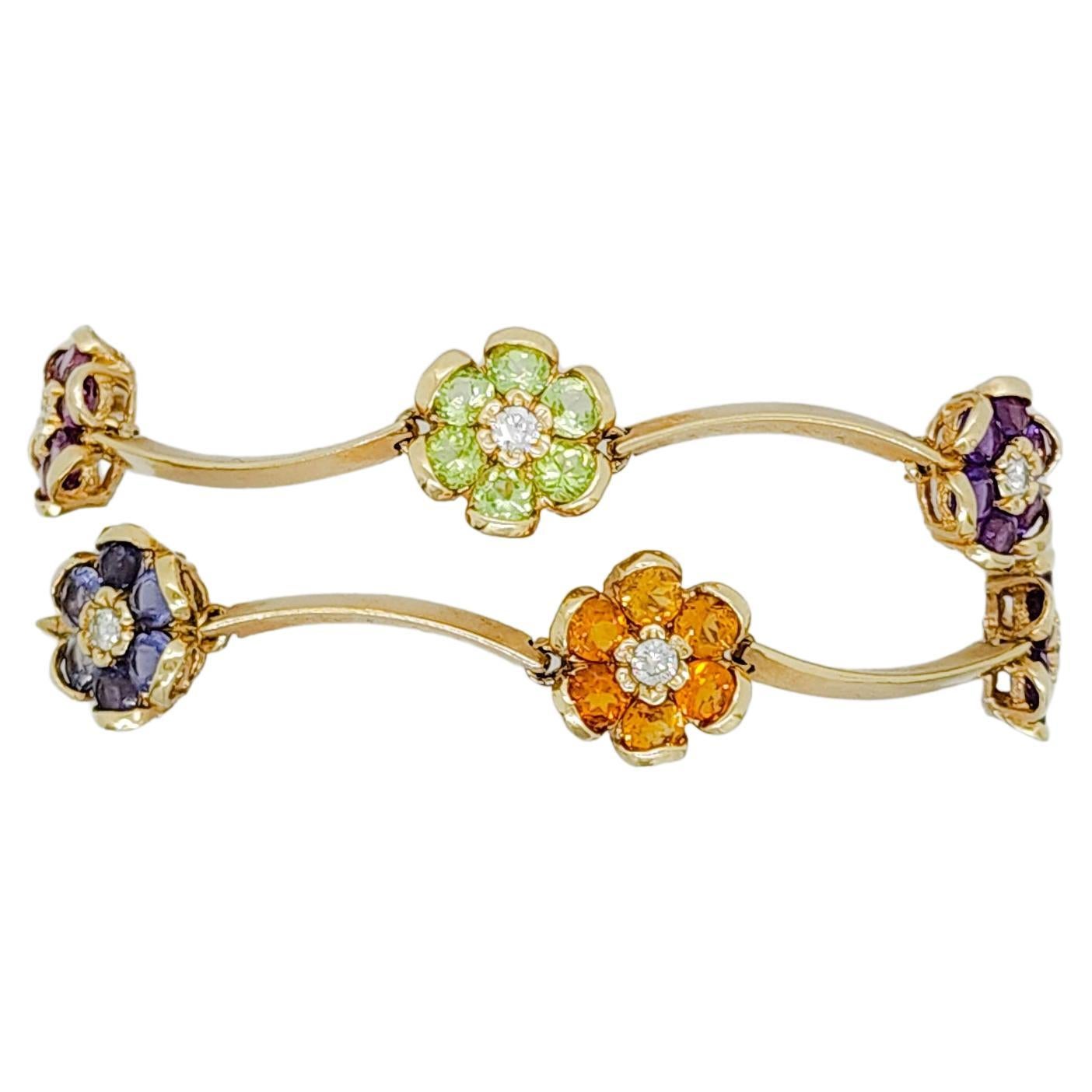 Multi Color Stone and White Diamond Floral Bracelet in 14k Yellow Gold For Sale