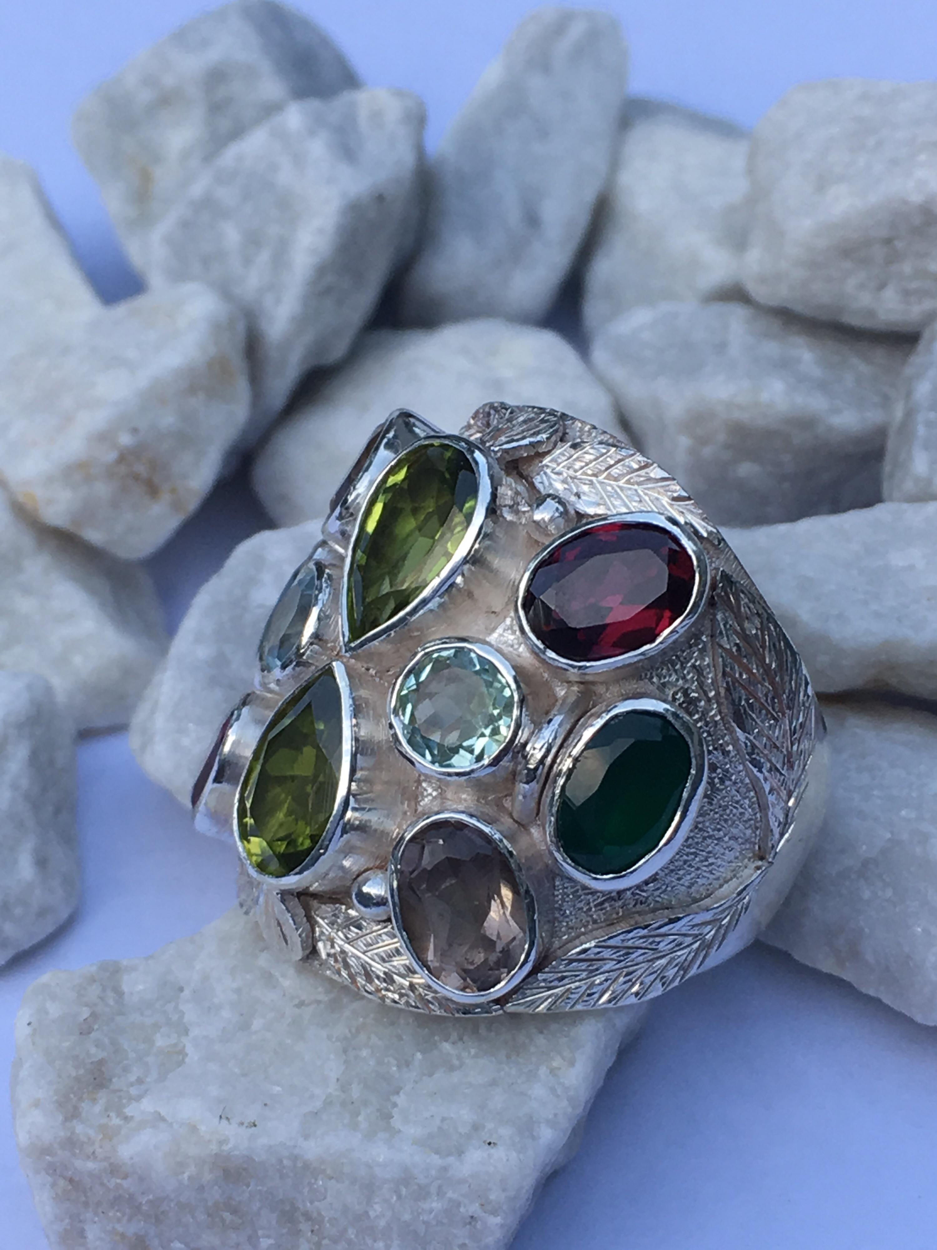 Multi-Color Stone Handcrafted Ring For Sale 5