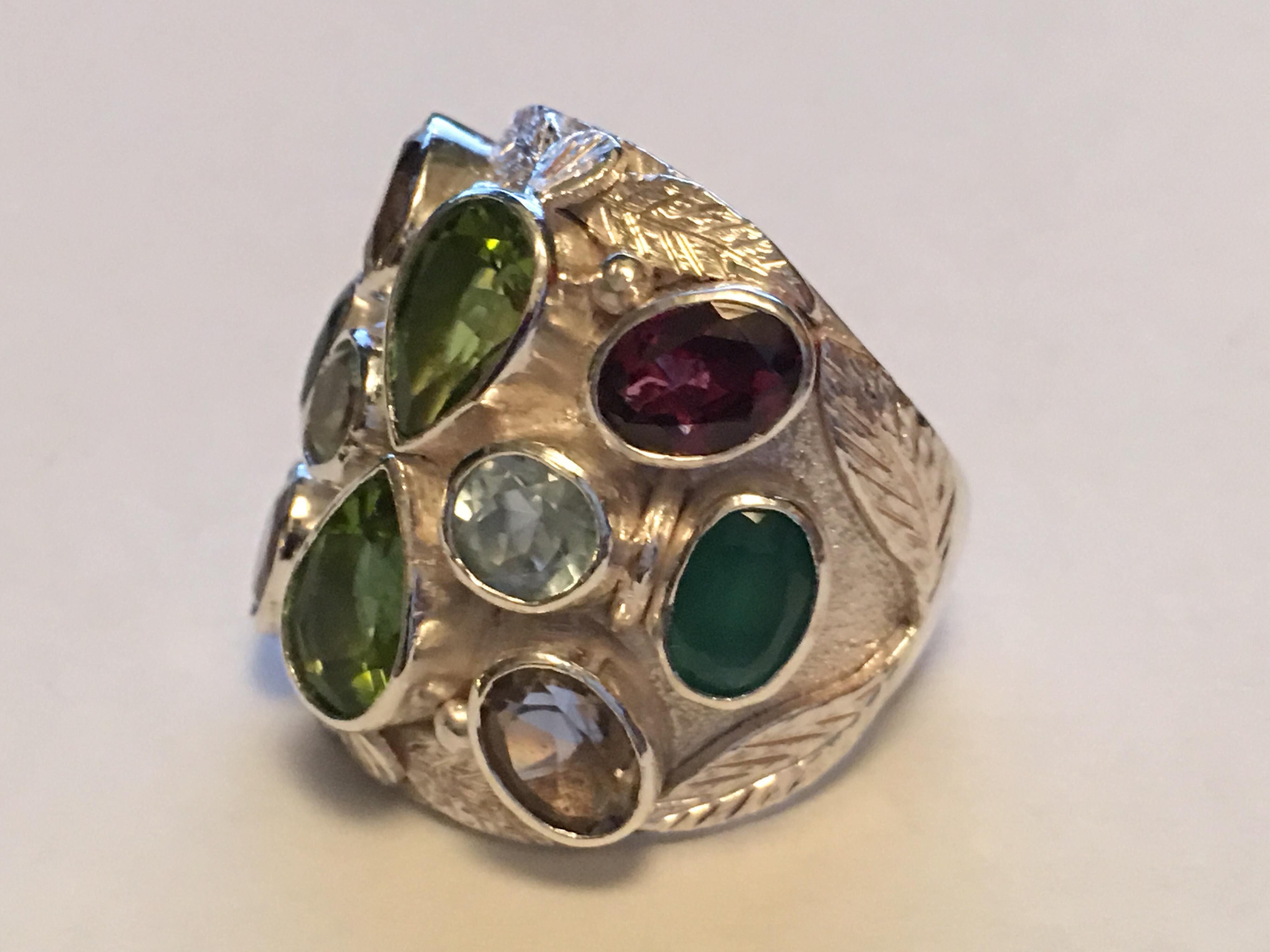 Women's or Men's Multi-Color Stone Handcrafted Ring For Sale