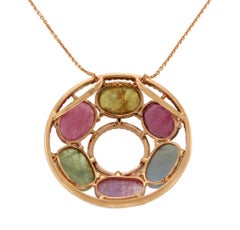 Multi-Color Stones 0.60 Carat Diamond 14 Karat Gold Circle of Life Necklace