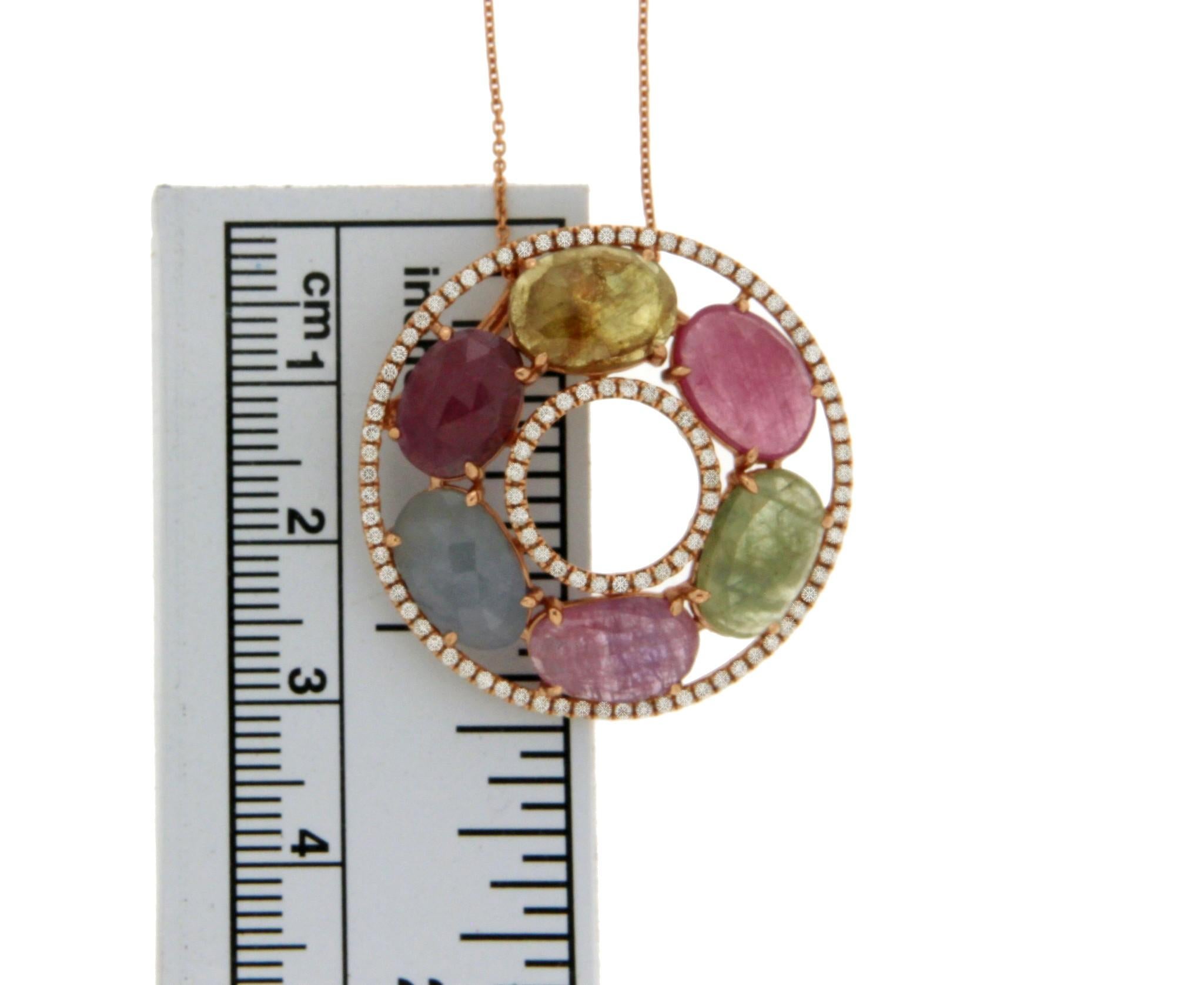 Women's or Men's Multi-Color Stones 0.60 Carat Diamond 14 Karat Gold Circle of Life Necklace For Sale
