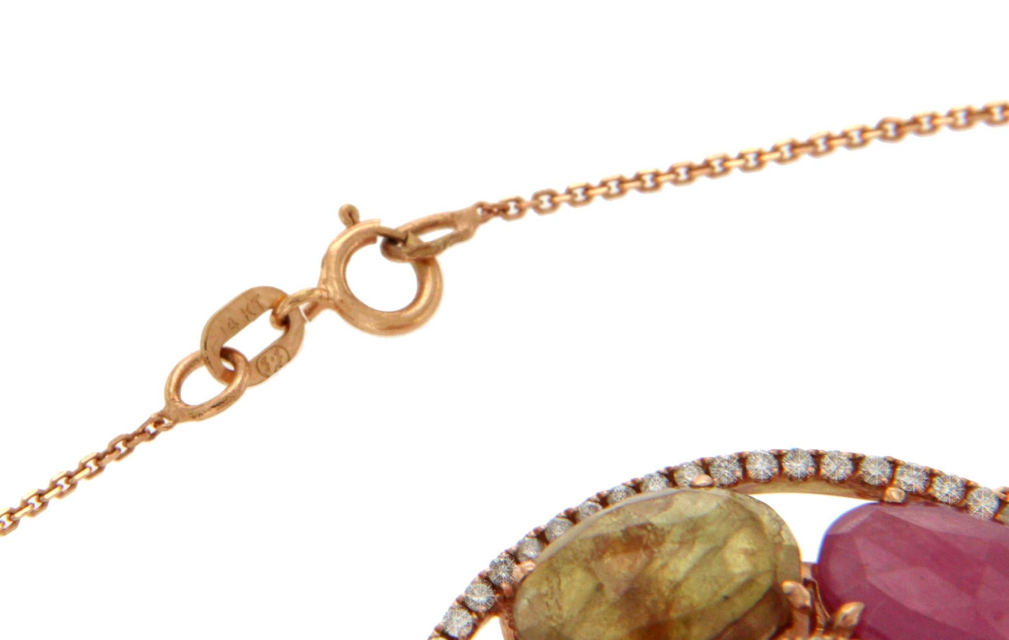 Multi-Color Stones 0.60 Carat Diamond 14 Karat Gold Circle of Life Necklace For Sale 1