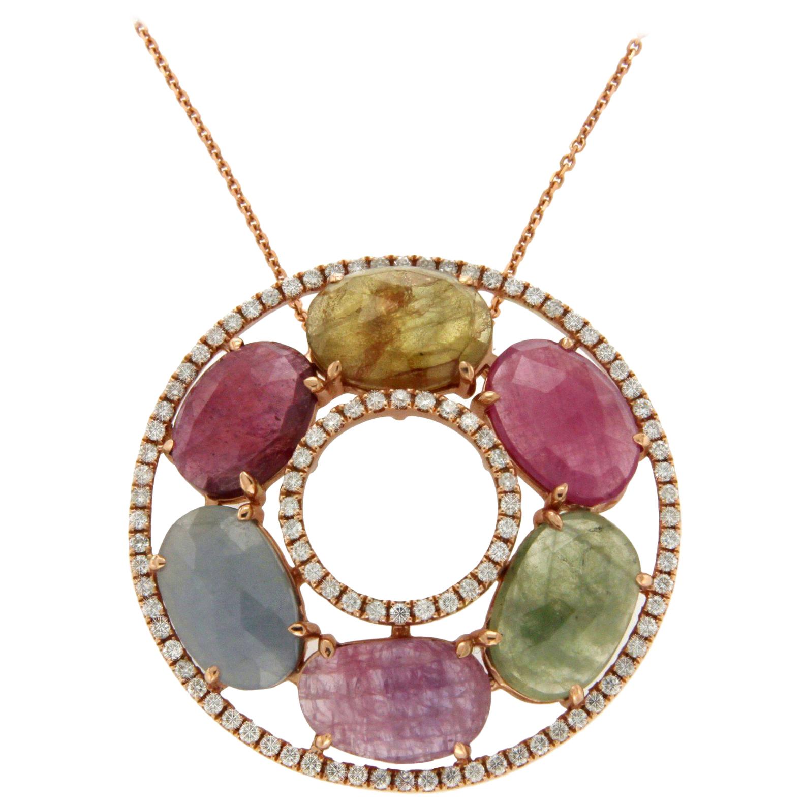 Multi-Color Stones 0.60 Carat Diamond 14 Karat Gold Circle of Life Necklace For Sale
