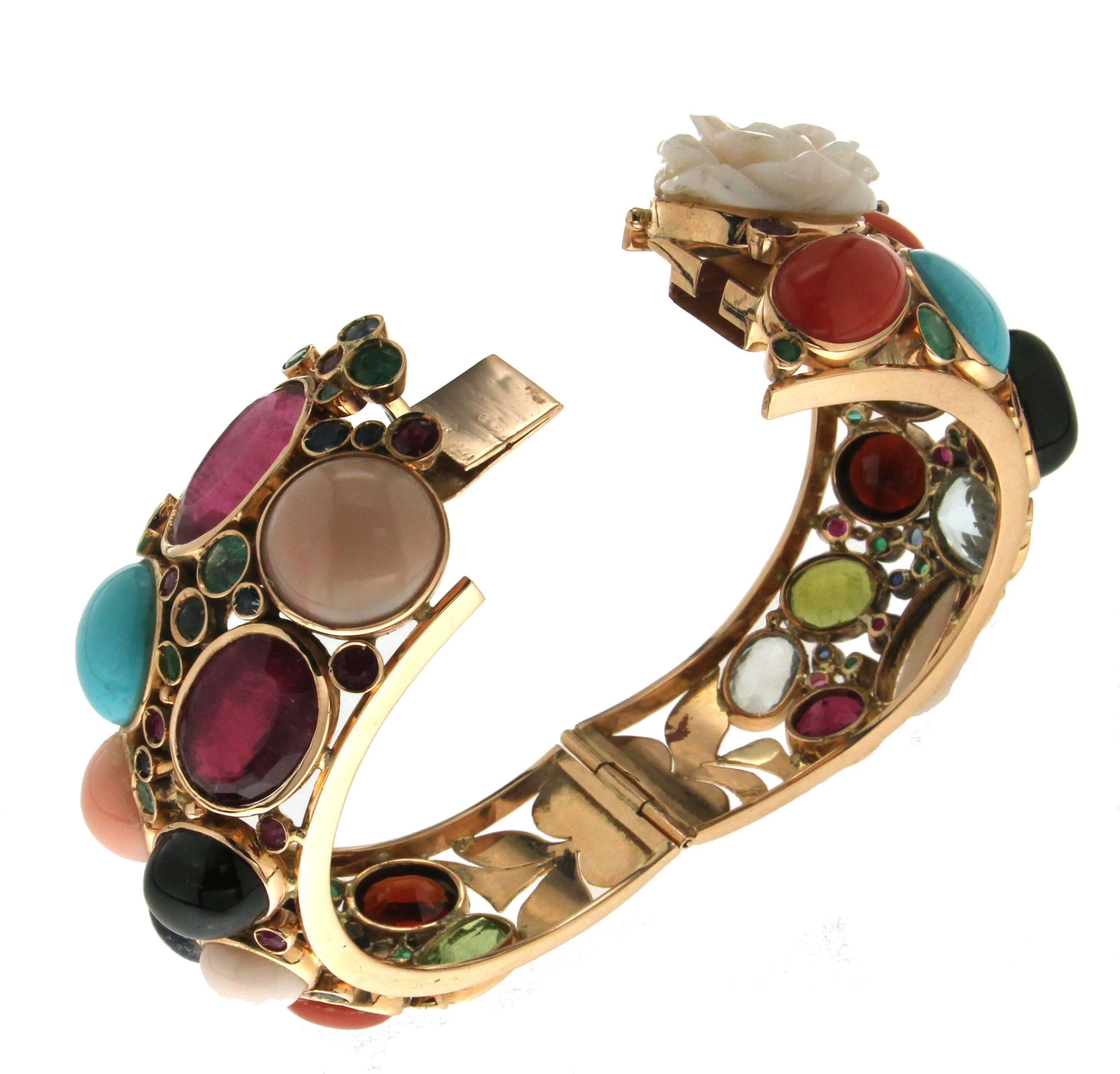 Multi-Color Stones 14 Karat Yellow Gold Clamper Bracelet In New Condition For Sale In Marcianise, IT