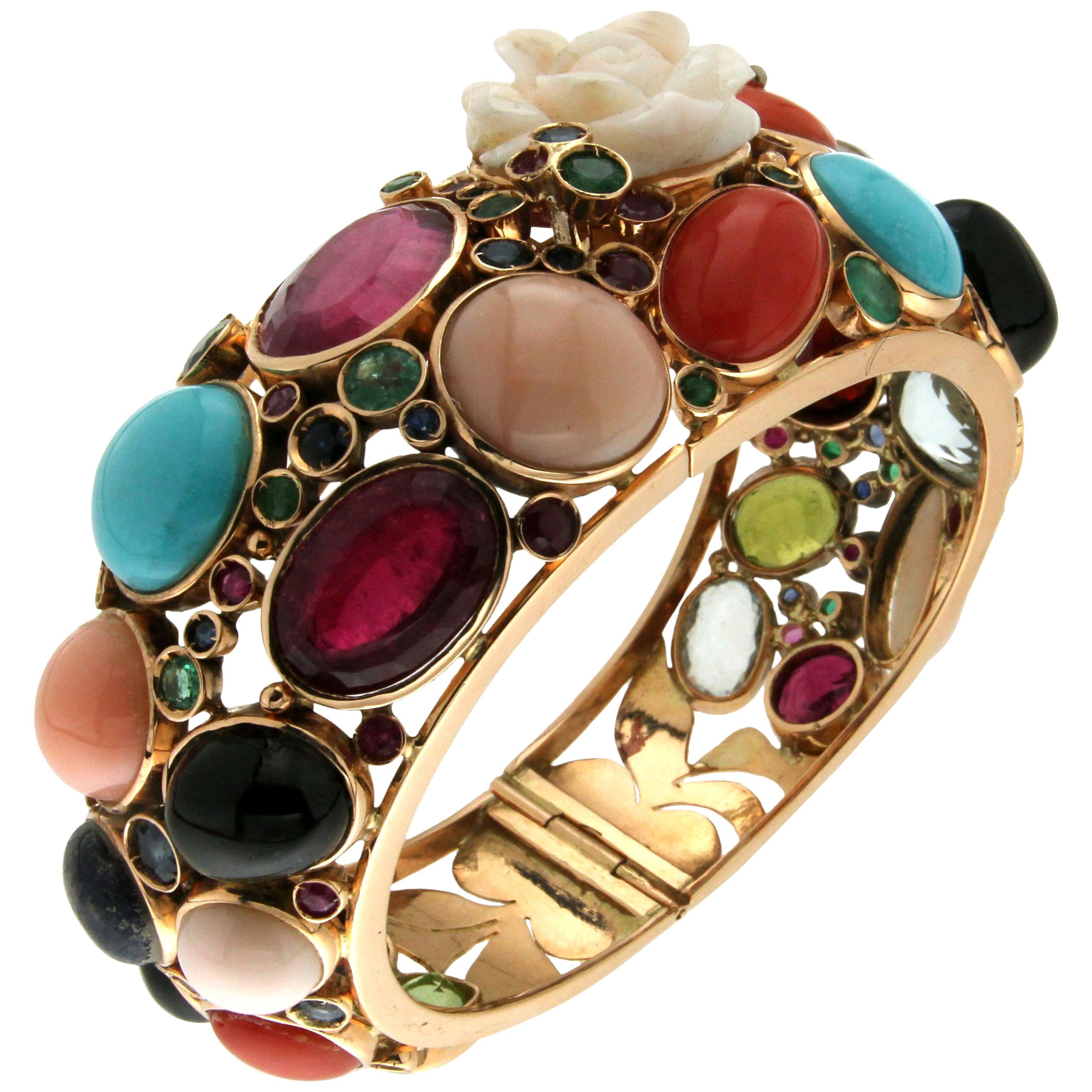 Multi-Color Stones 14 Karat Yellow Gold Clamper Bracelet For Sale