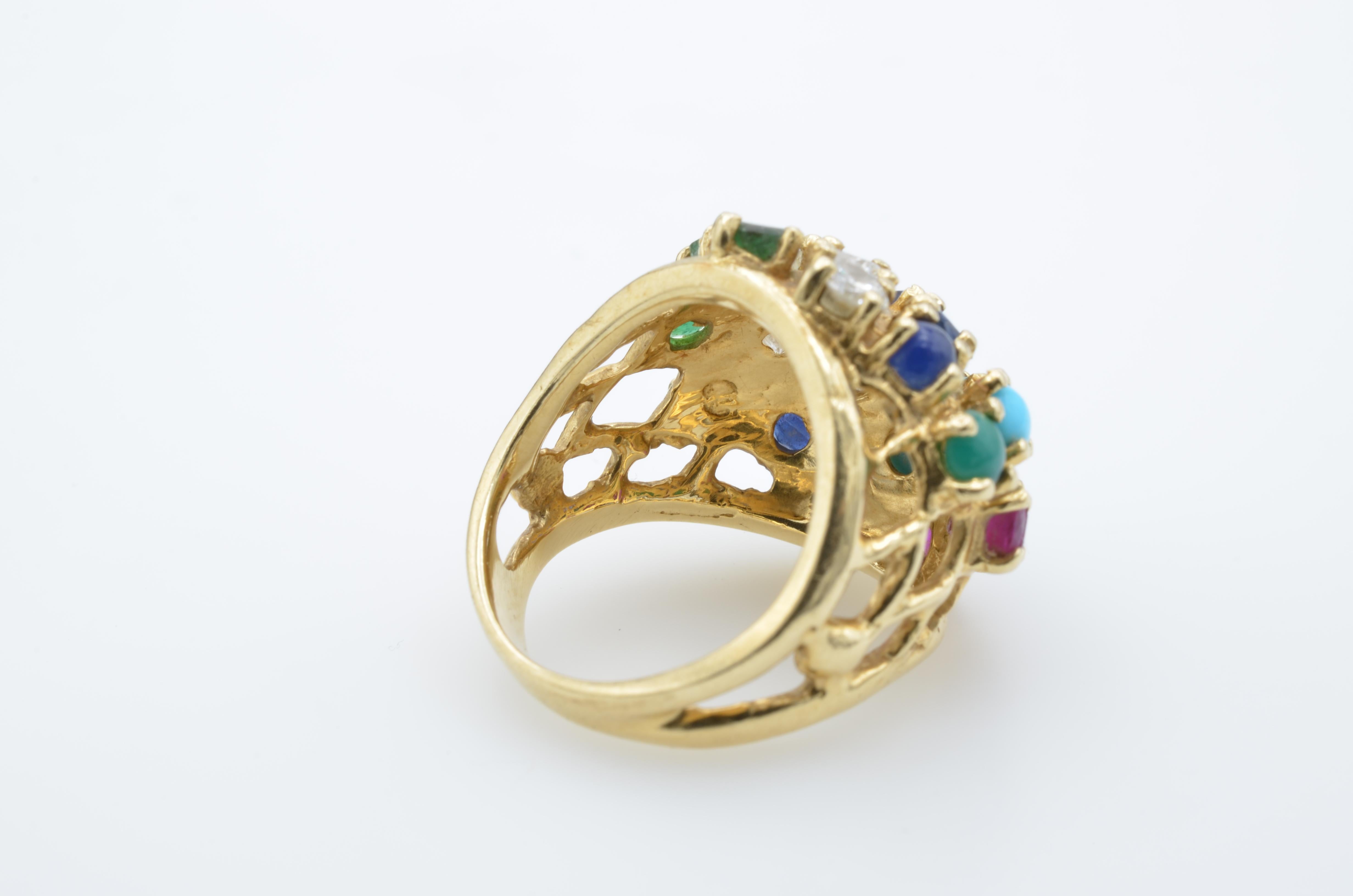 Bague en or 14 carats avec pierres multicolores et diamants, années 1970 en vente 4