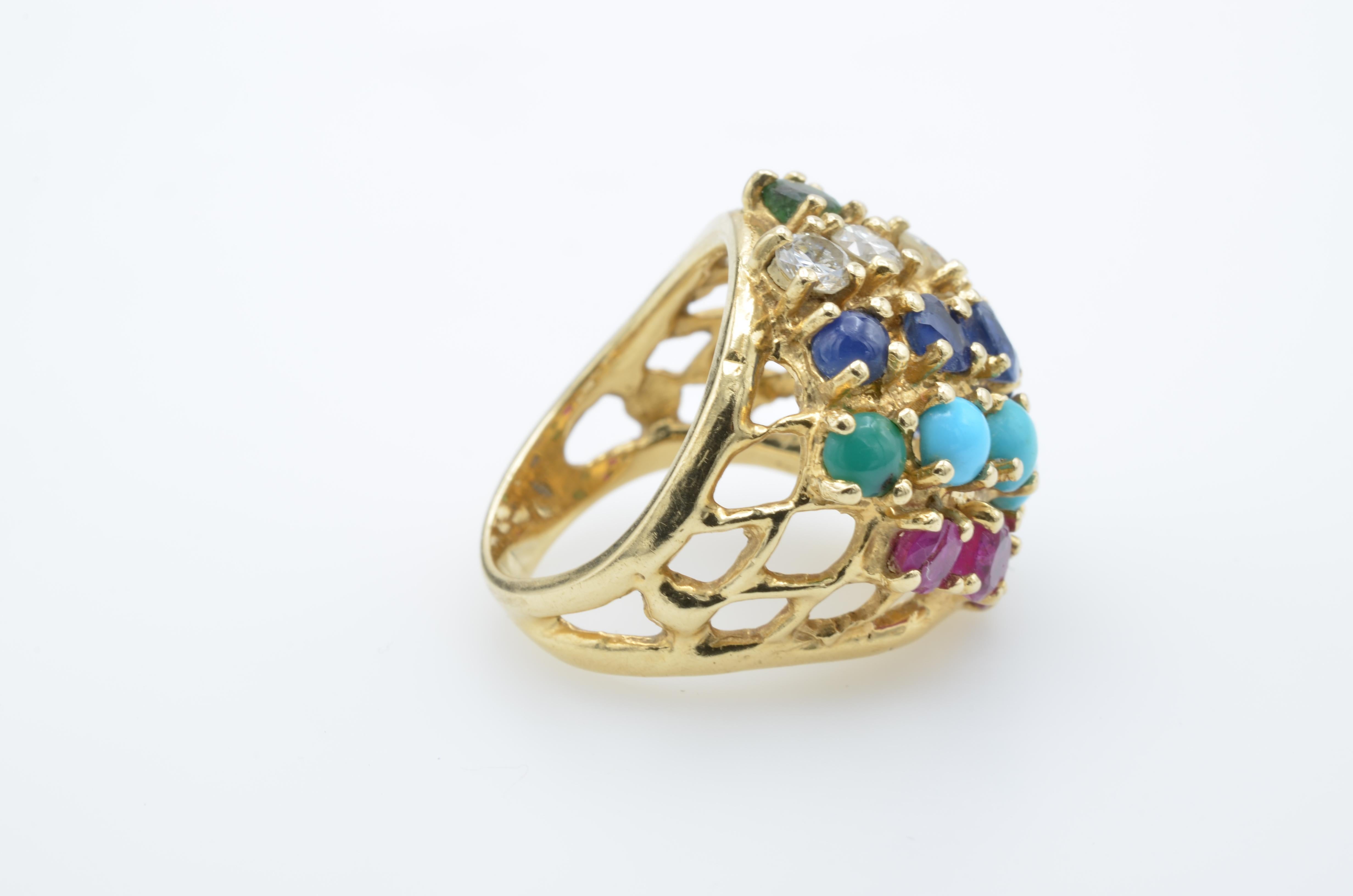 Multi-Color Stones and Diamond 14 Karat Gold Ring, 1970s For Sale 5