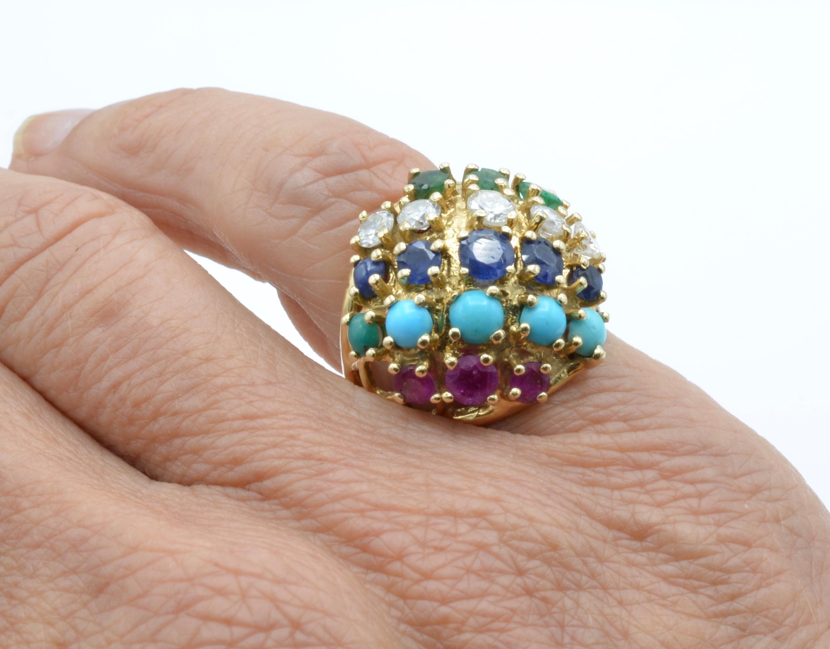 Multi-Color Stones and Diamond 14 Karat Gold Ring, 1970s For Sale 6