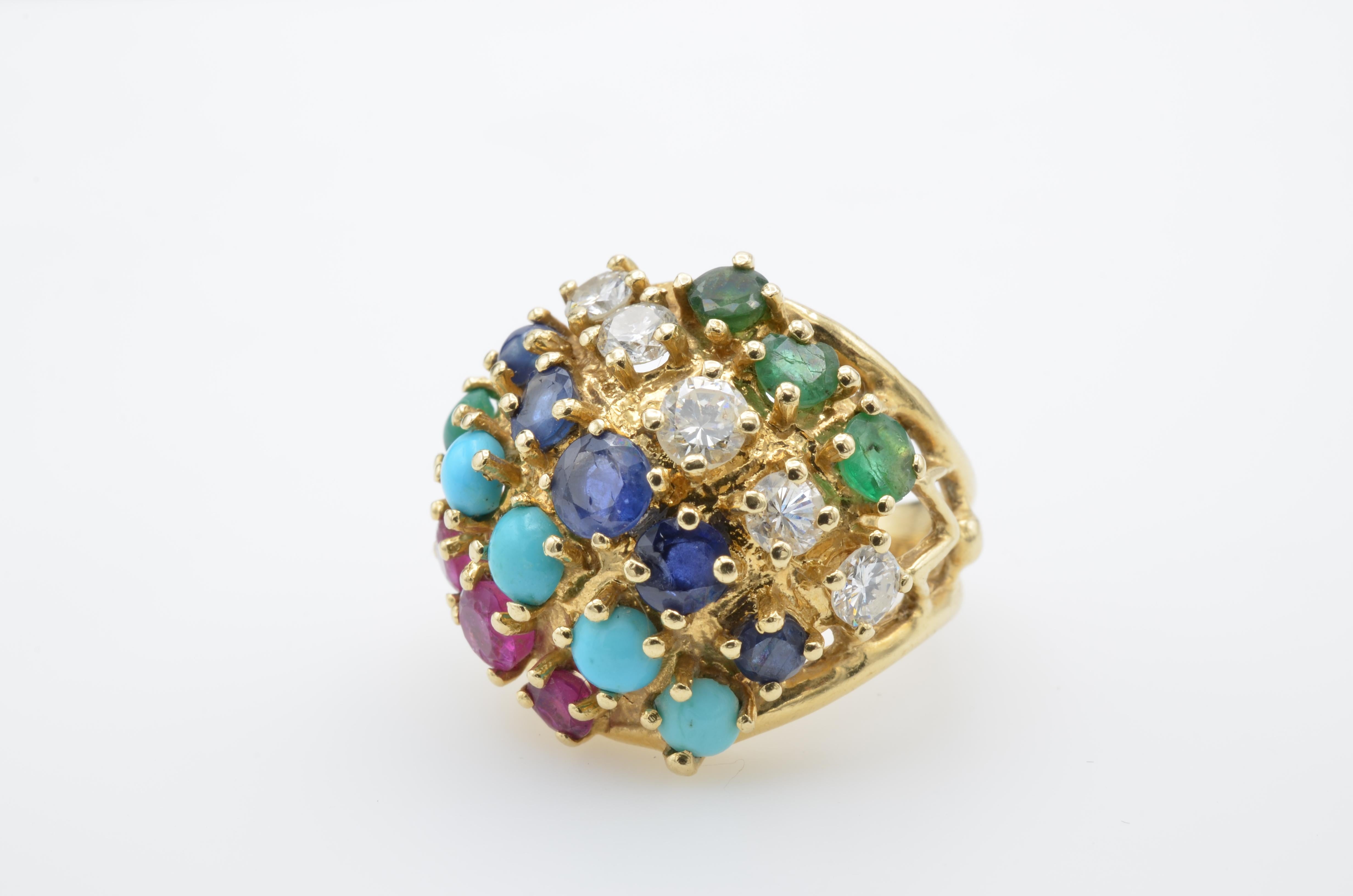 Modernist Multi-Color Stones and Diamond 14 Karat Gold Ring, 1970s For Sale