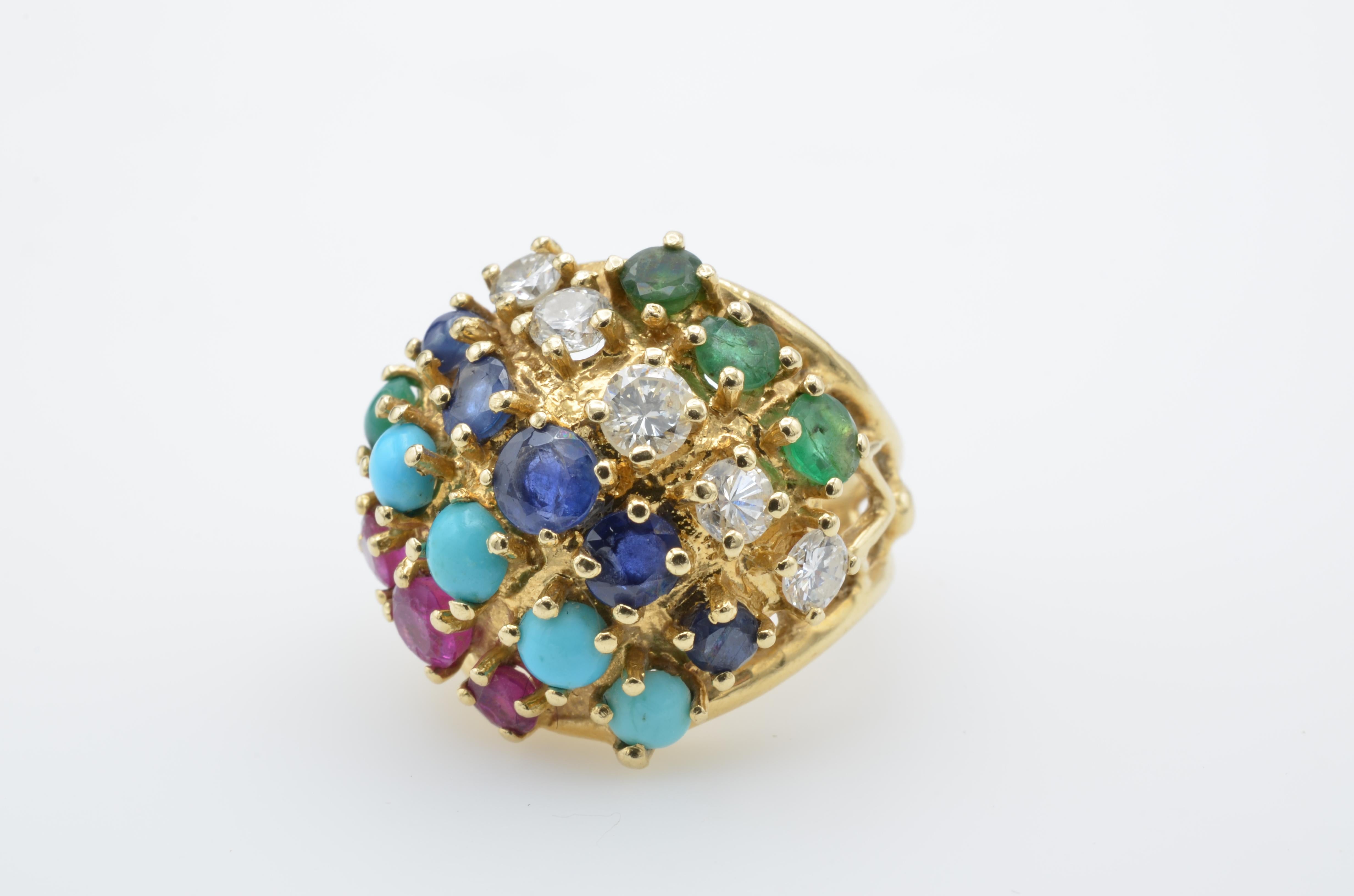 Round Cut Multi-Color Stones and Diamond 14 Karat Gold Ring, 1970s For Sale