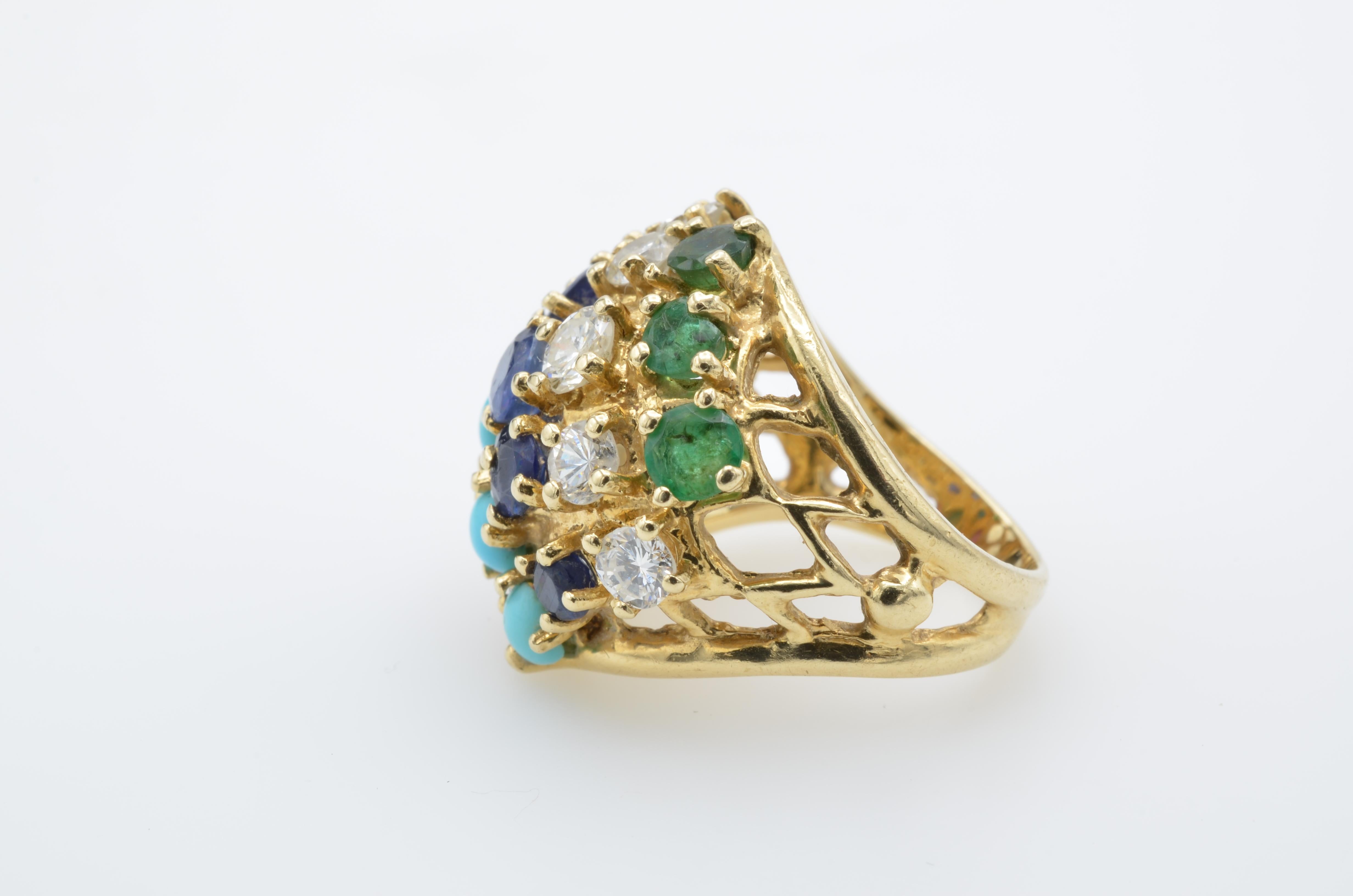 Multi-Color Stones and Diamond 14 Karat Gold Ring, 1970s In Excellent Condition For Sale In Berkeley, CA