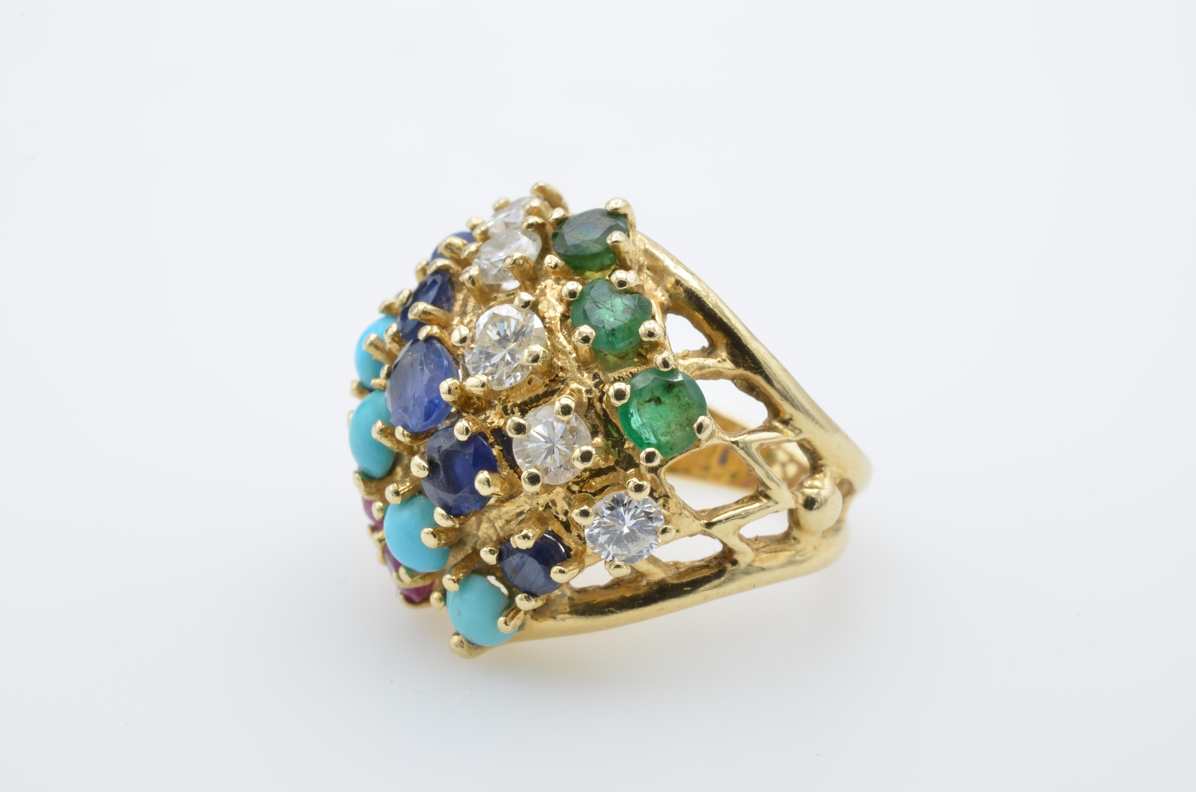 Women's or Men's Multi-Color Stones and Diamond 14 Karat Gold Ring, 1970s For Sale