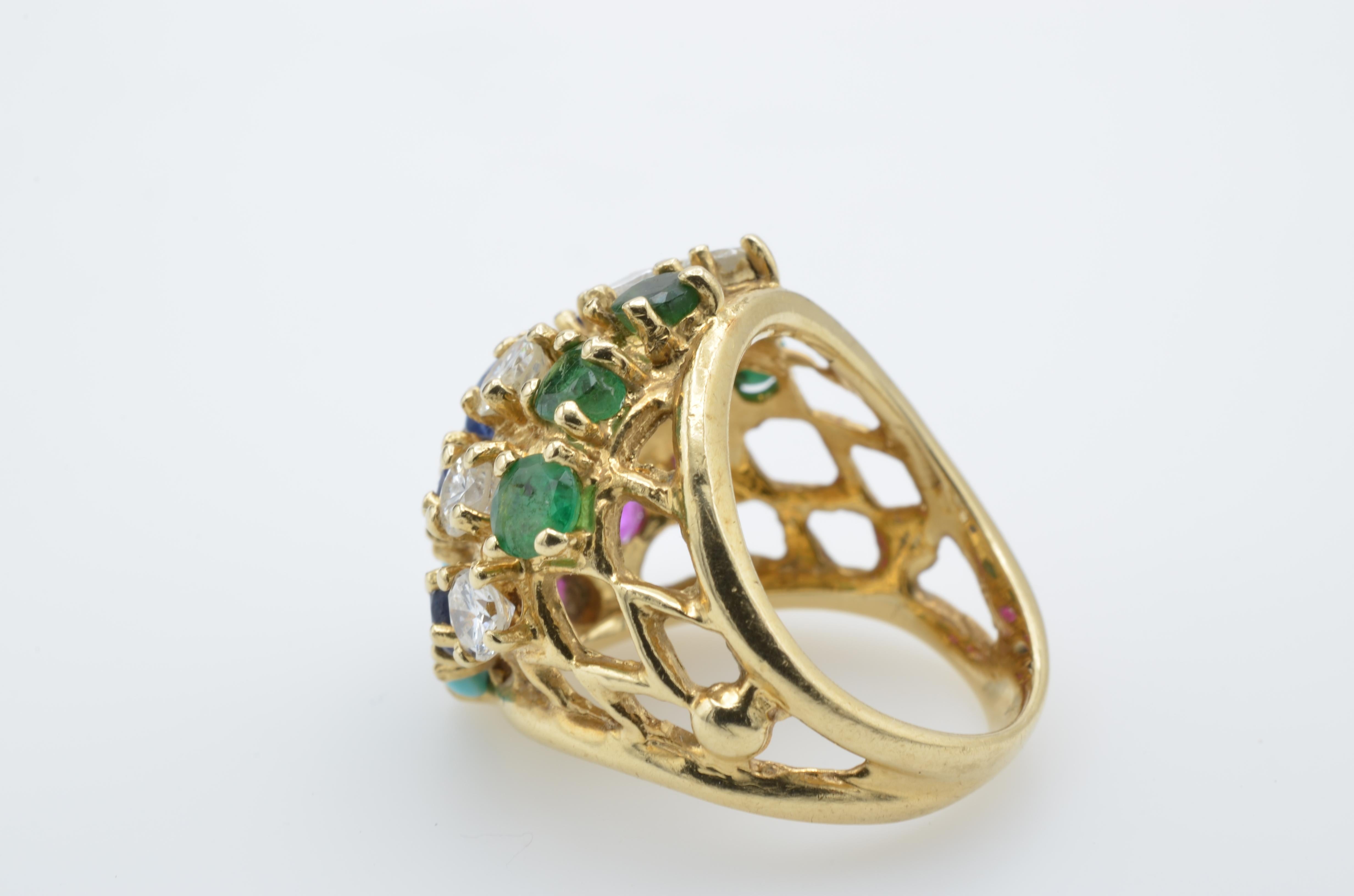 Multi-Color Stones and Diamond 14 Karat Gold Ring, 1970s For Sale 1