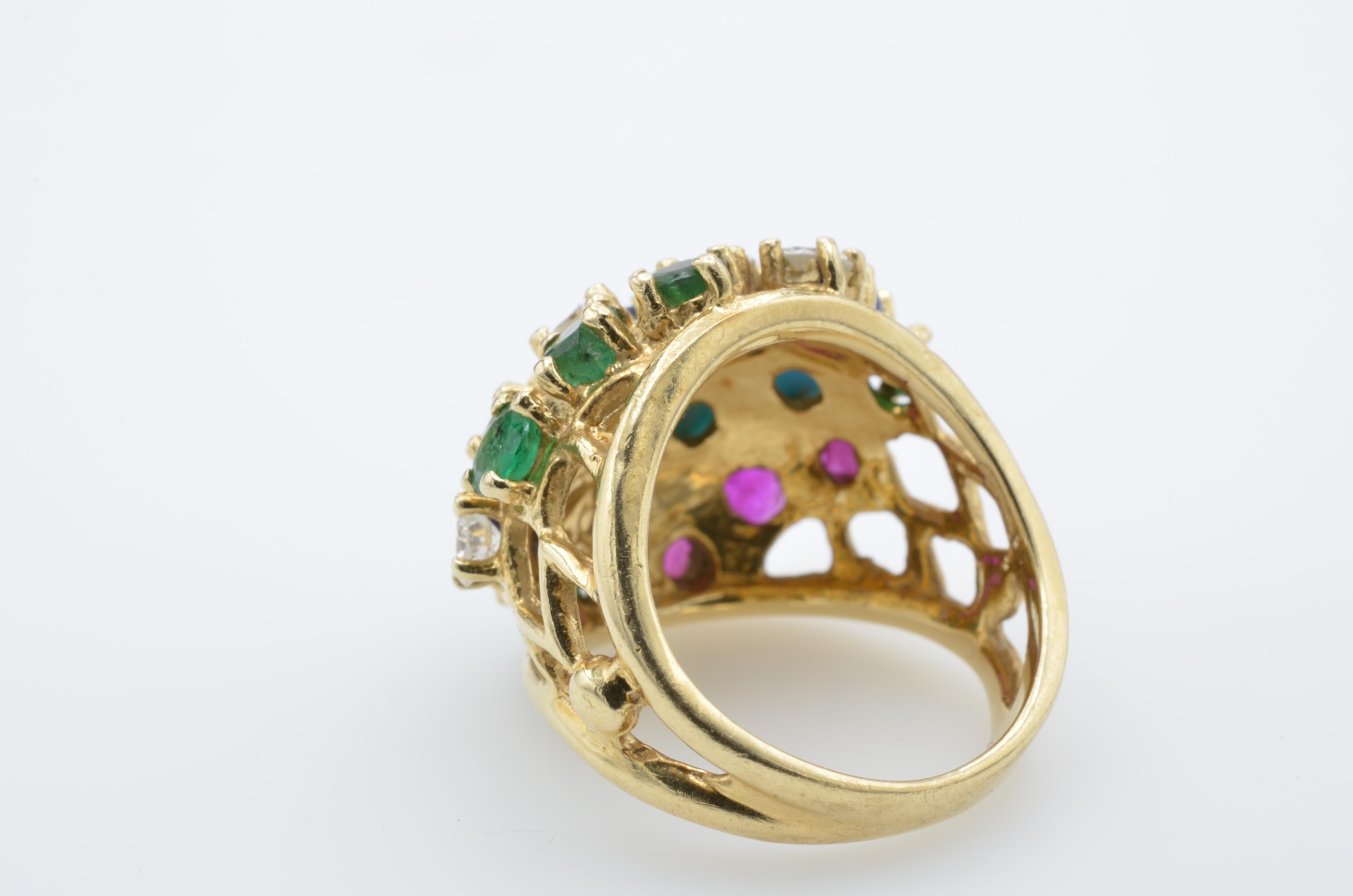 Multi-Color Stones and Diamond 14 Karat Gold Ring, 1970s For Sale 2