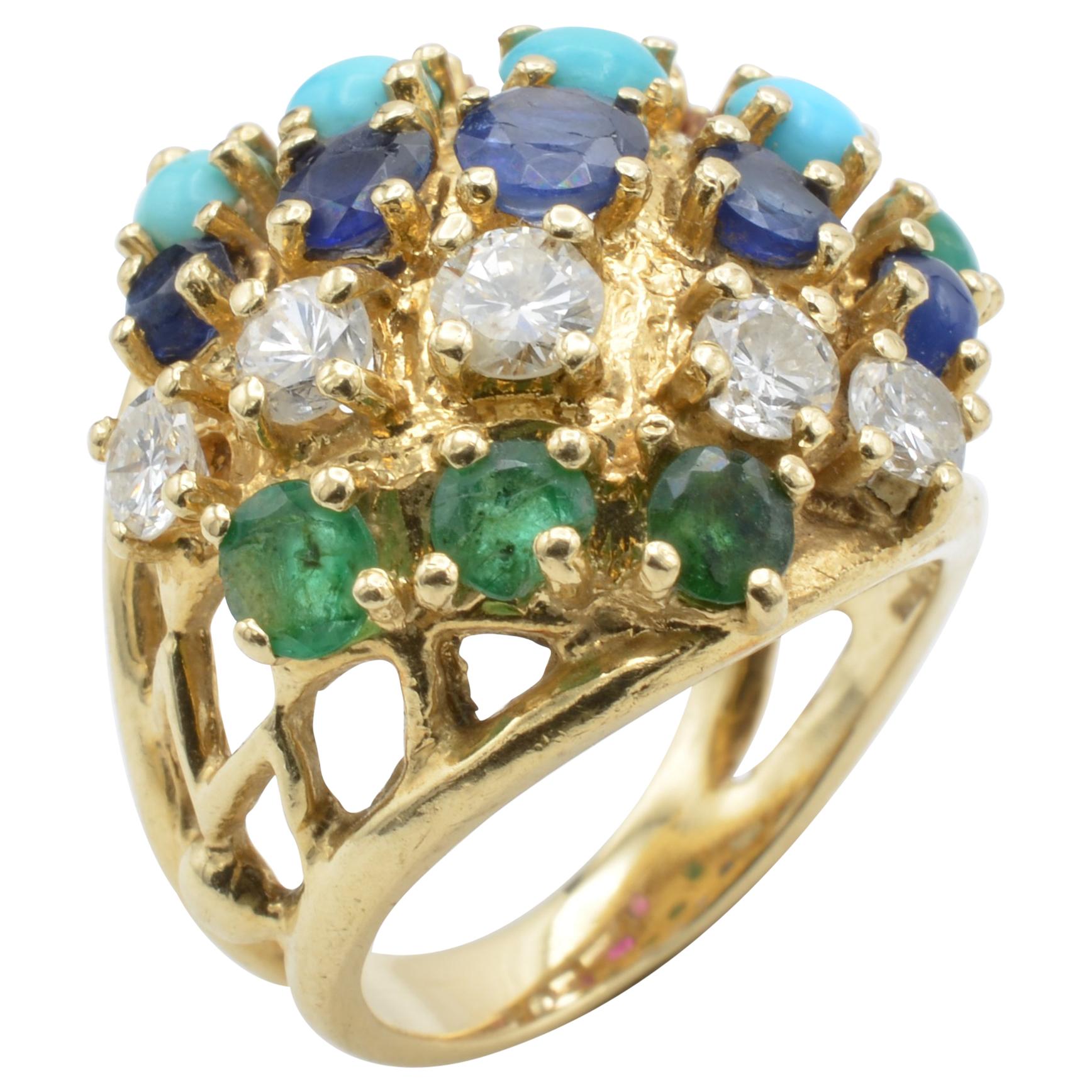 Multi-Color Stones and Diamond 14 Karat Gold Ring, 1970s For Sale