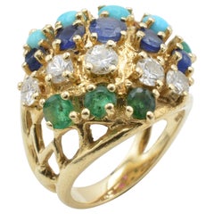 Mehrfarbiger Ring aus 14 Karat Gold mit Steinen und Diamanten, 1970er Jahre