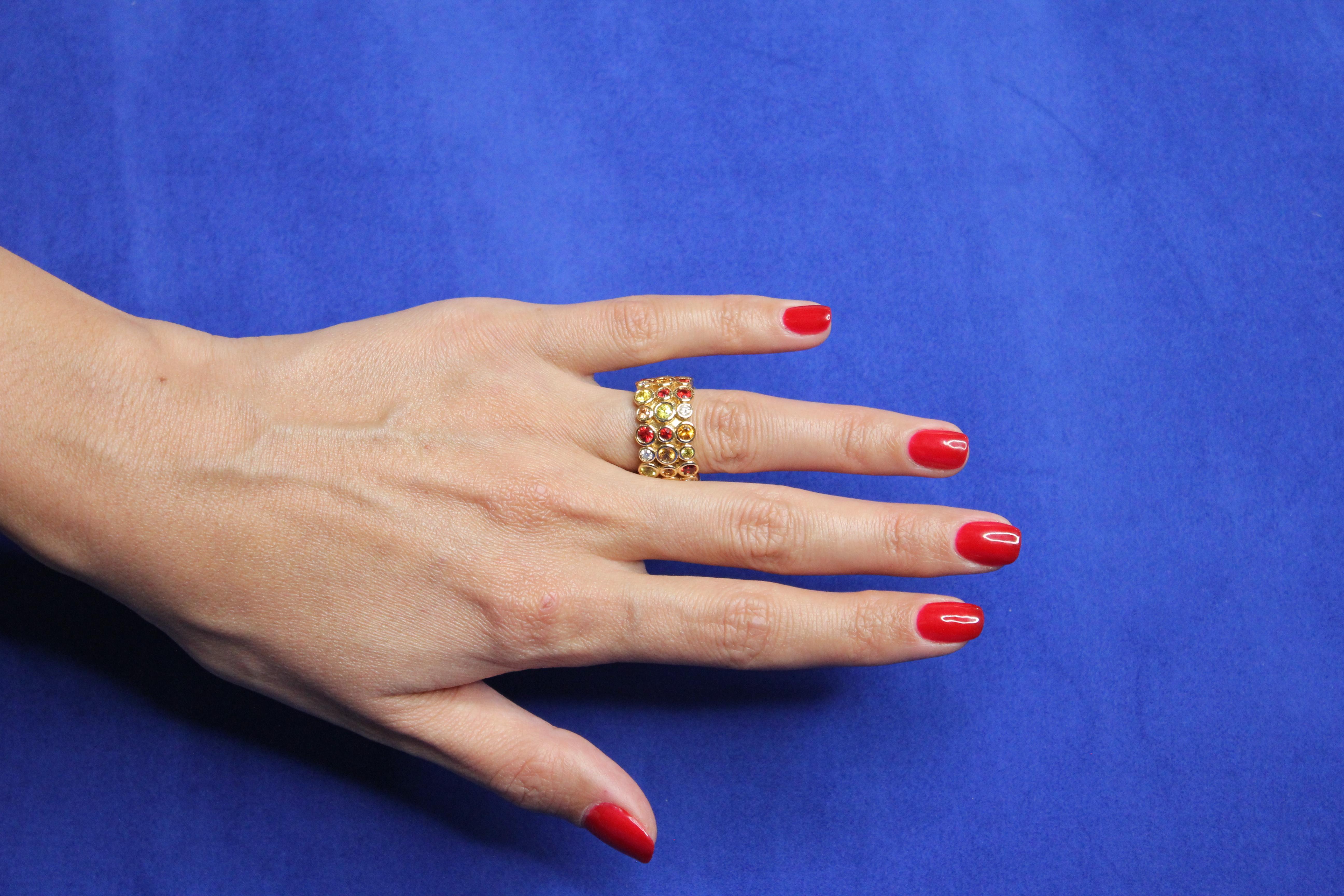 Red Ruby Orange Yellow Sapphire Diamond Eternity Band 18 Karat Yellow Gold Ring For Sale 5