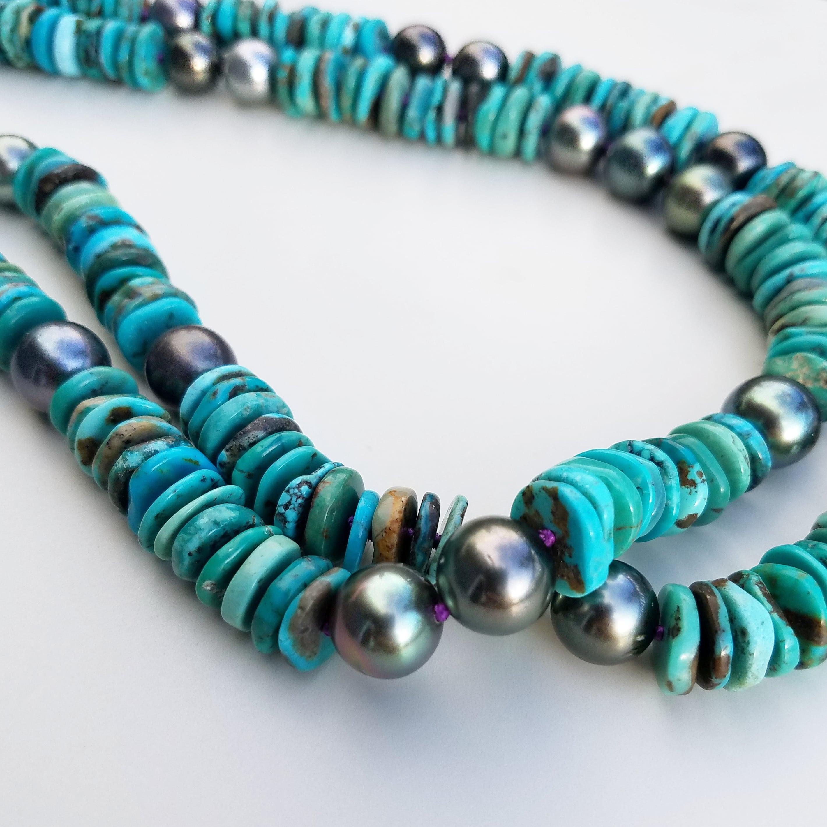 Artigiano Collana di perle nere di Tahiti multicolore e turchesi in vendita