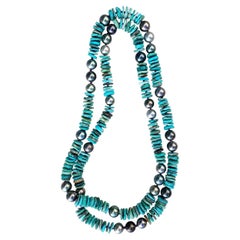 Multi-Color Tahitian Black Pearl and Turquoise Necklace