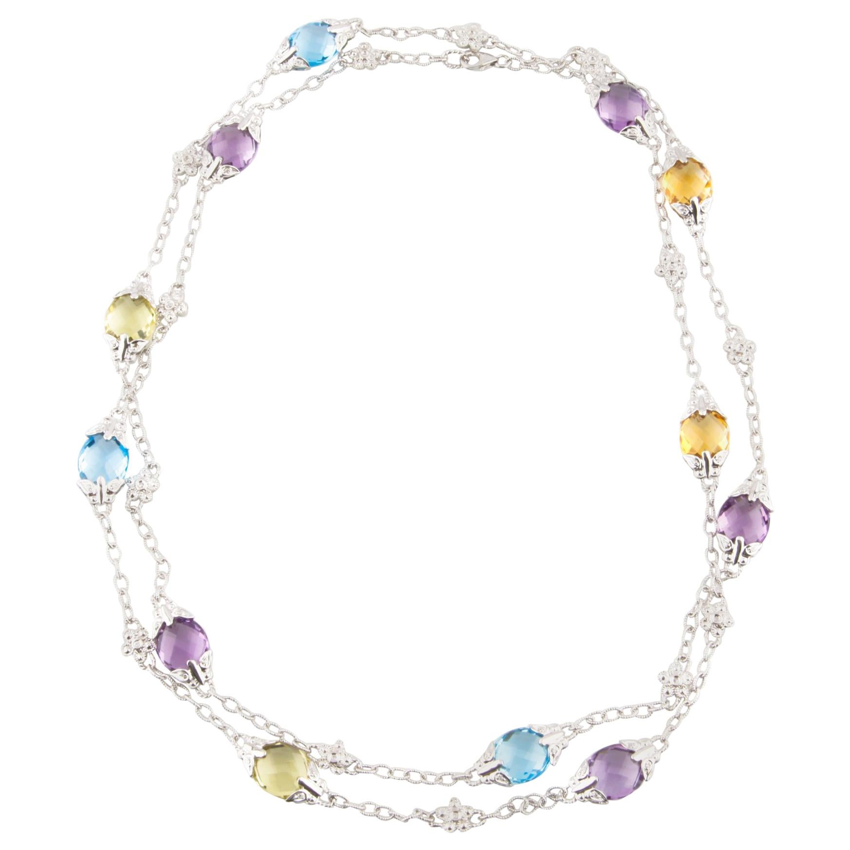 Multi-Color Topaz and Diamond Briolette 14 Karat White Gold Chain Necklace For Sale