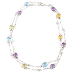 Multi-Color Topaz and Diamond Briolette 14 Karat White Gold Chain Necklace