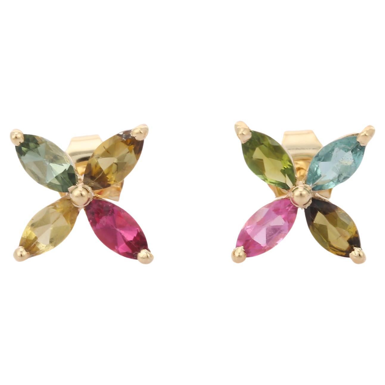 Multi-Color Tourmaline 14k Karat Yellow Gold Floral Pushback Stud