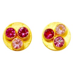 Multi-Color Tourmaline 22 Karat Gold Round Push Earrings