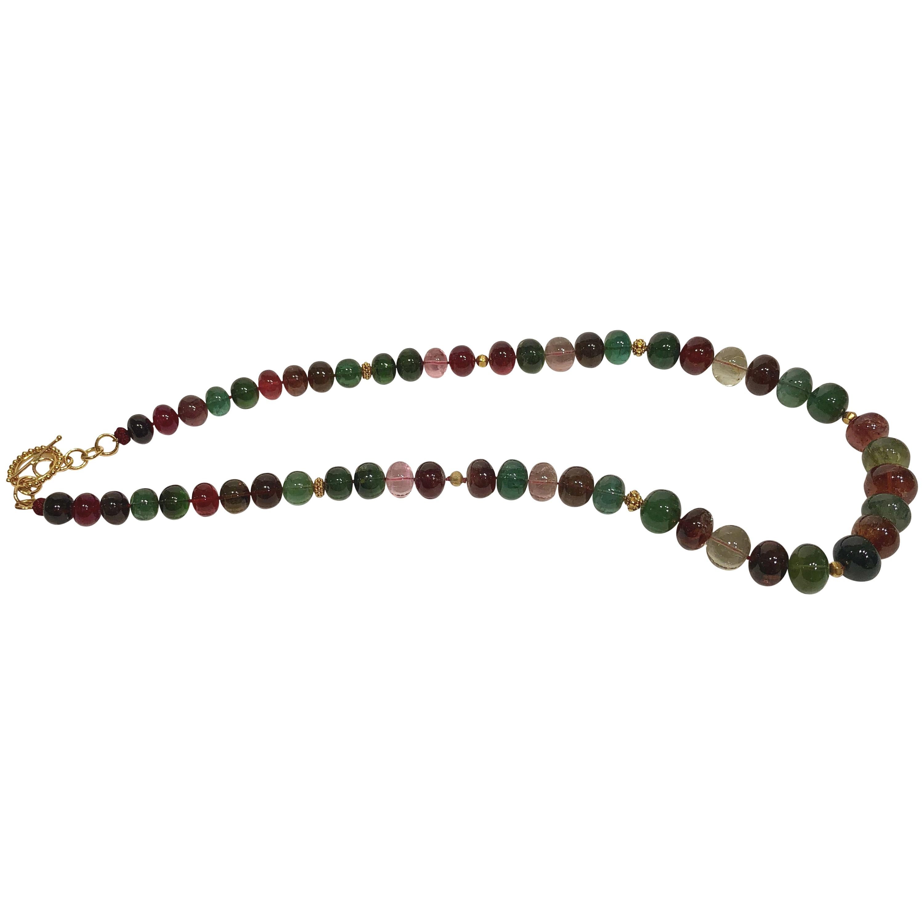 MultiColor Tourmaline and Gold Bead Necklace For Sale at 1stDibs