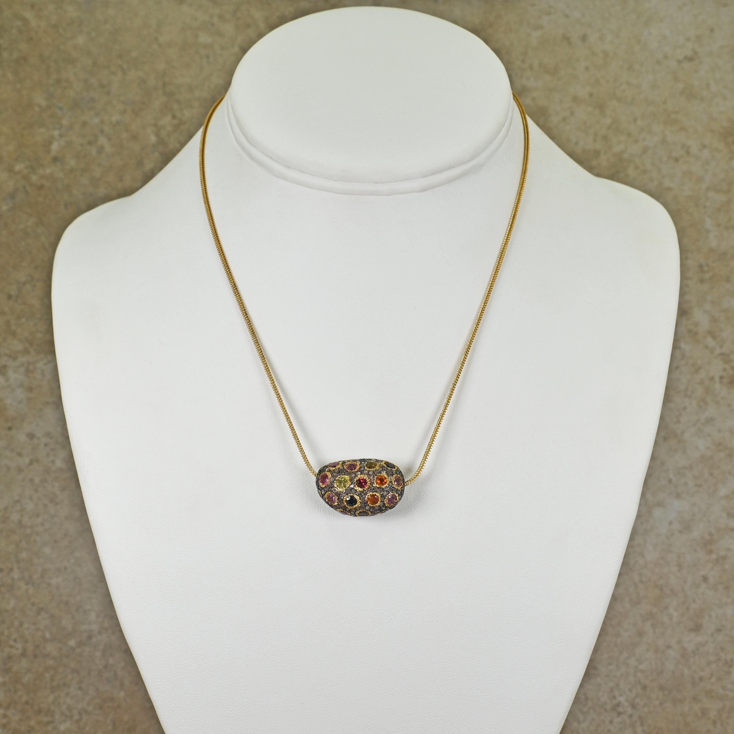 Round Cut Multi-Color Tourmaline and Pavè Diamond 18 Karat Gold Bead Chain Necklace For Sale