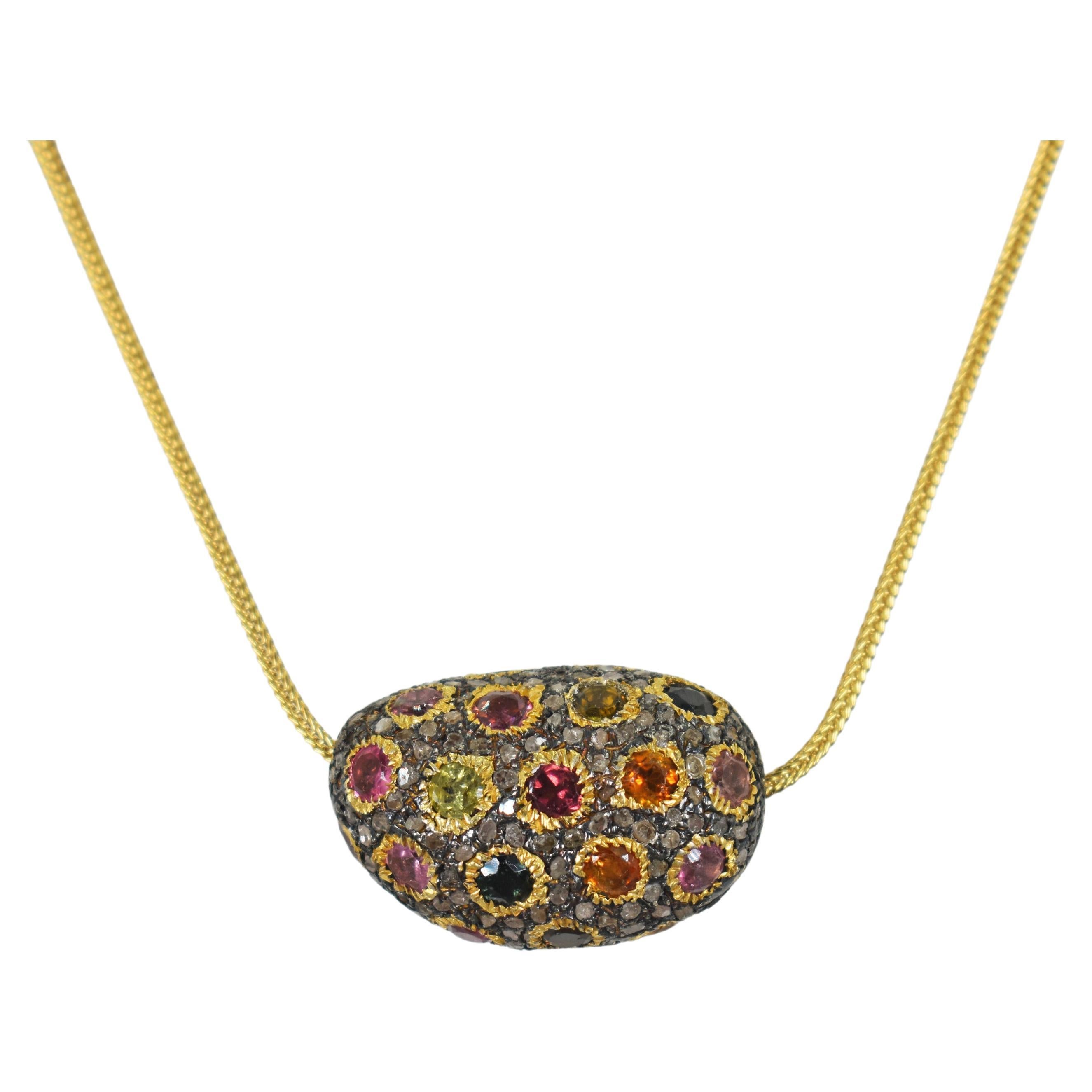 Multi-Color Tourmaline and Pavè Diamond 18 Karat Gold Bead Chain Necklace For Sale