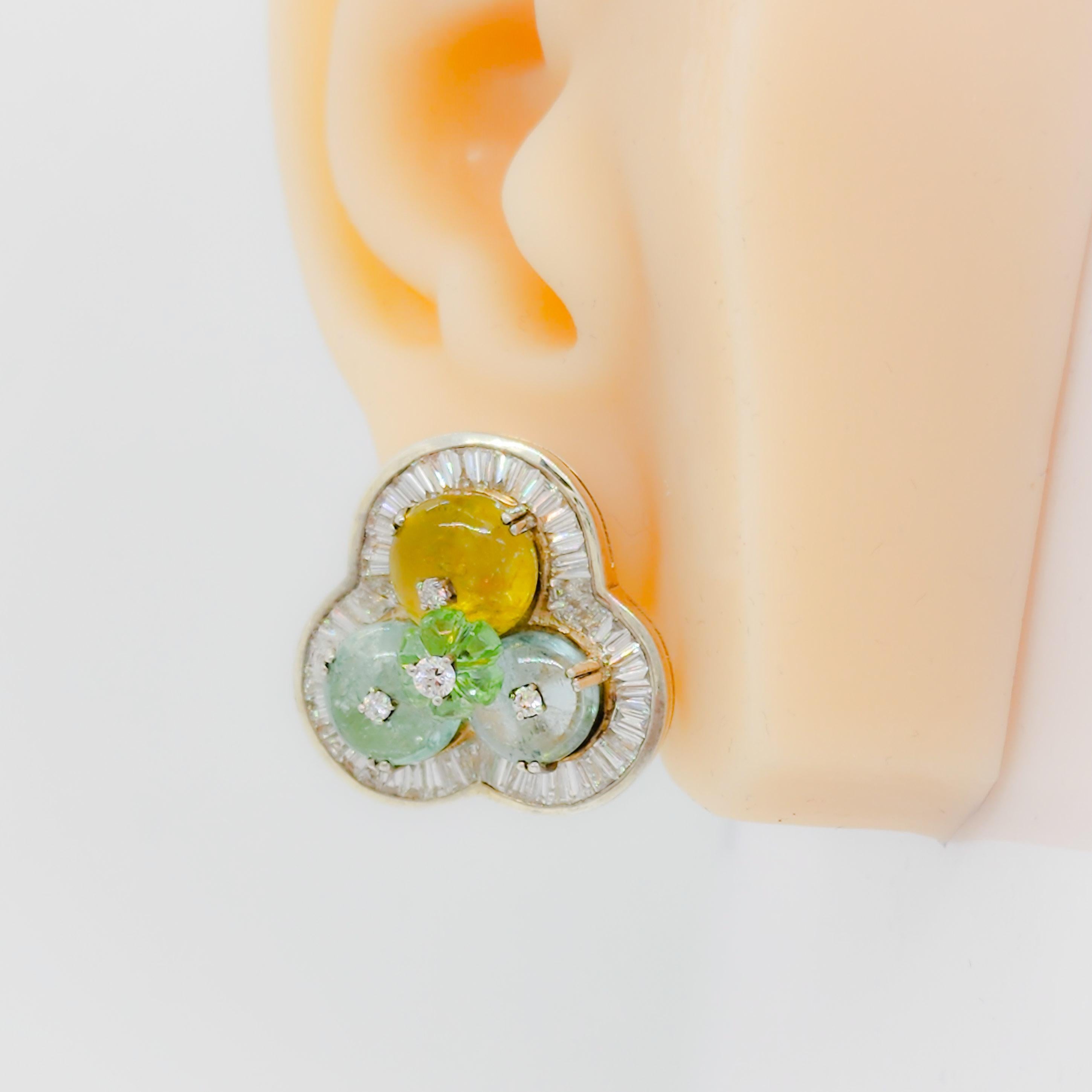 Taille ronde Boucles d'oreilles perles de tourmaline multicolore et diamant blanc en or blanc 14k en vente