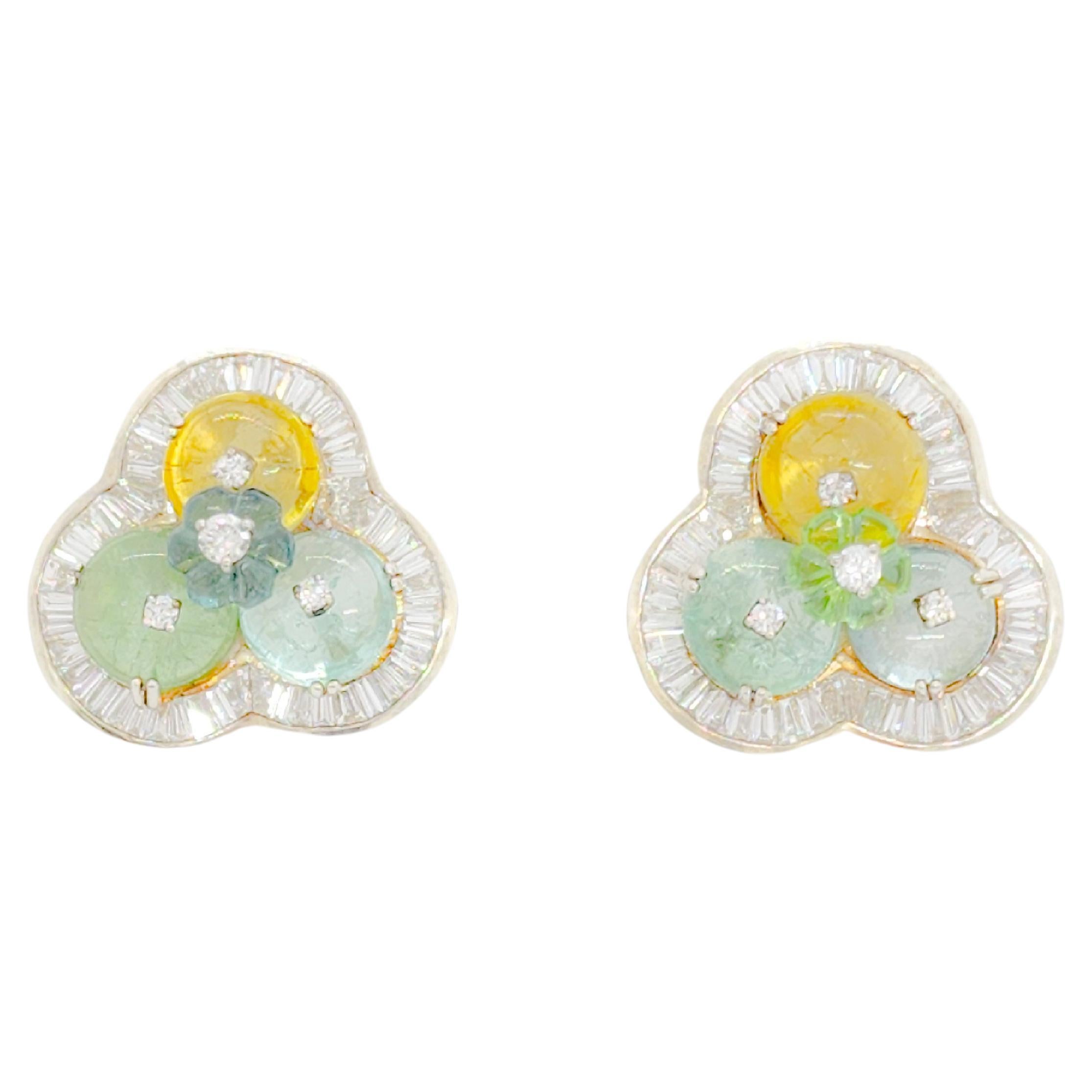 Mehrfarbige Turmalin-Perlen- und weiße Diamant-Ohrringe aus 14 Karat Weißgold im Angebot