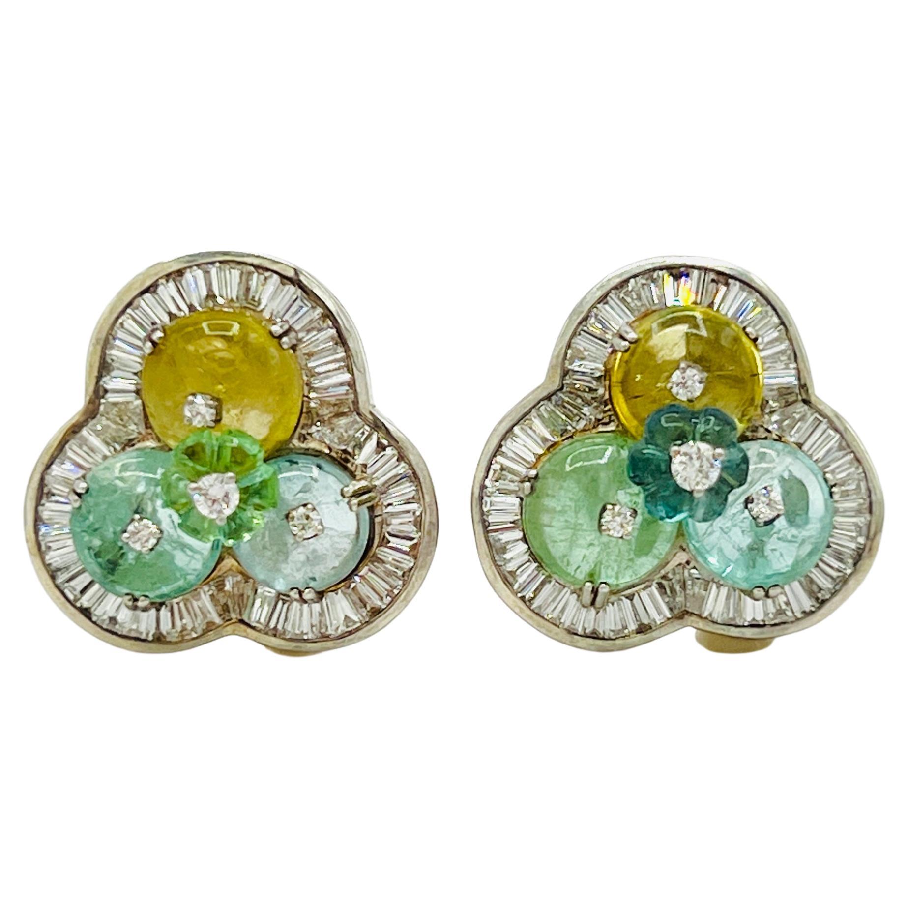 Pendientes de Cuentas de Turmalina Multicolor y Diamante Blanco en Oro Blanco de 14k