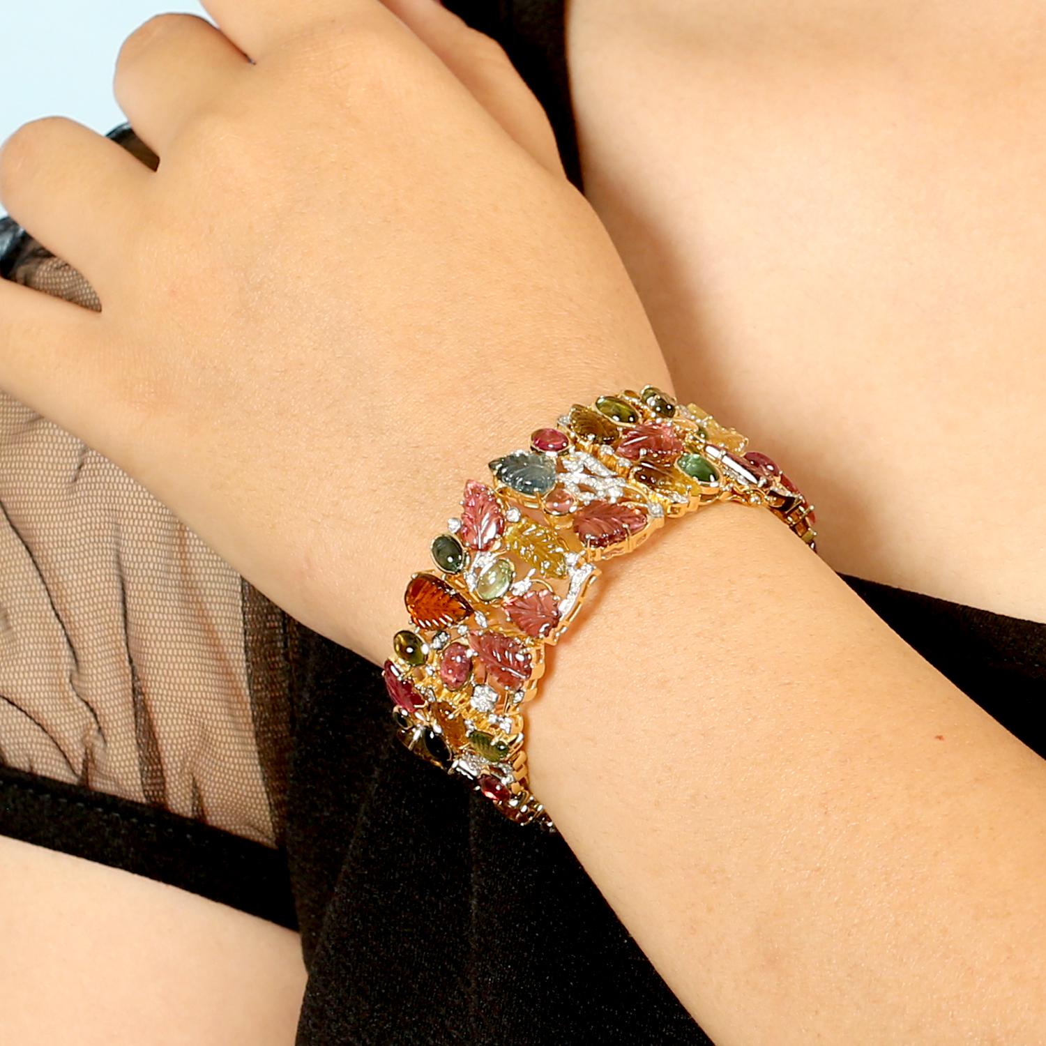 Contemporary Multi Color Tourmaline Bracelet With Diamonds Made In 18k Yellow Gold For Sale