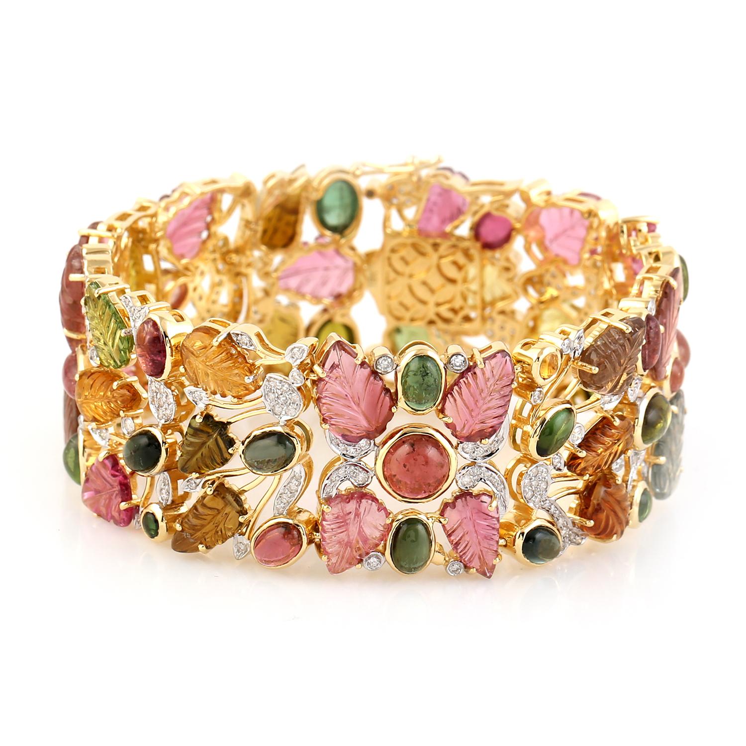 Mixed Cut Multi Color Tourmaline Bracelet With Diamonds Made In 18k Yellow Gold For Sale