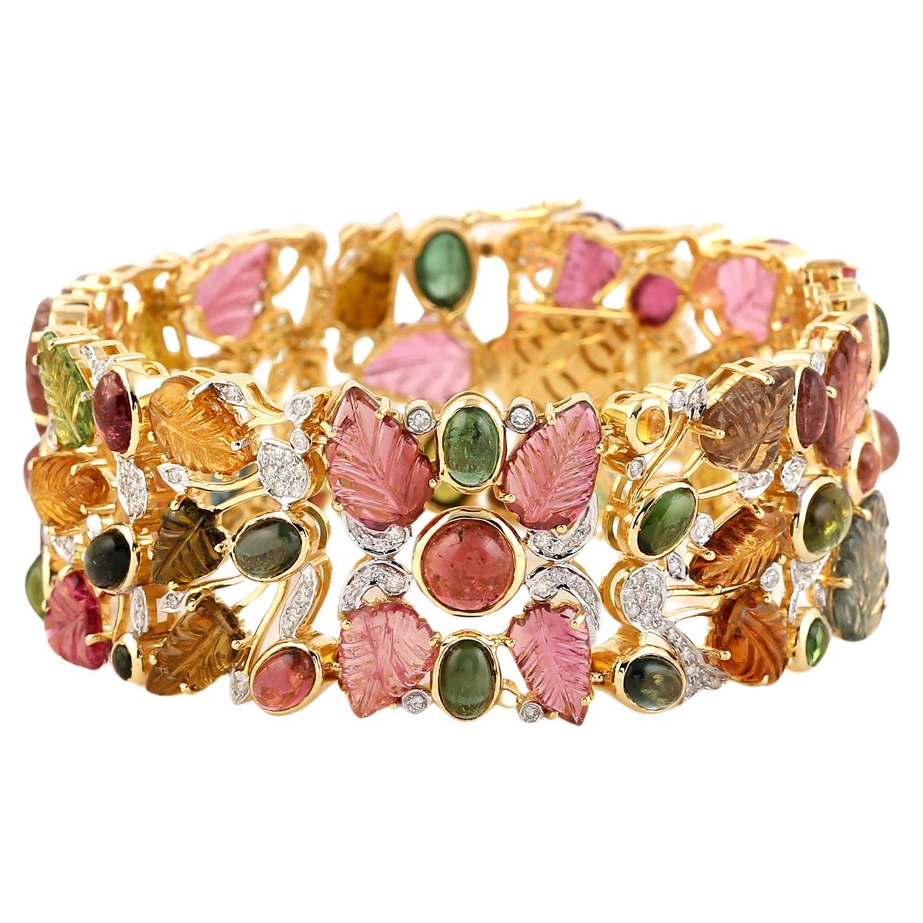 Bracelet en or jaune 18 carats avec tourmaline multicolore et diamants en vente