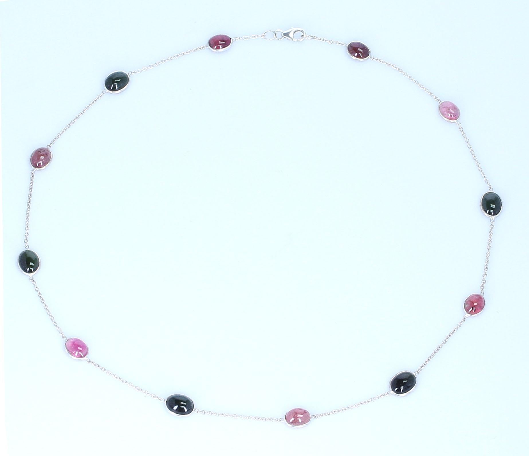 A dainty and everyday-wear multi-color tourmaline cabochon necklace in silver. Color combination may vary. Weight: Approximately 33 carats. 