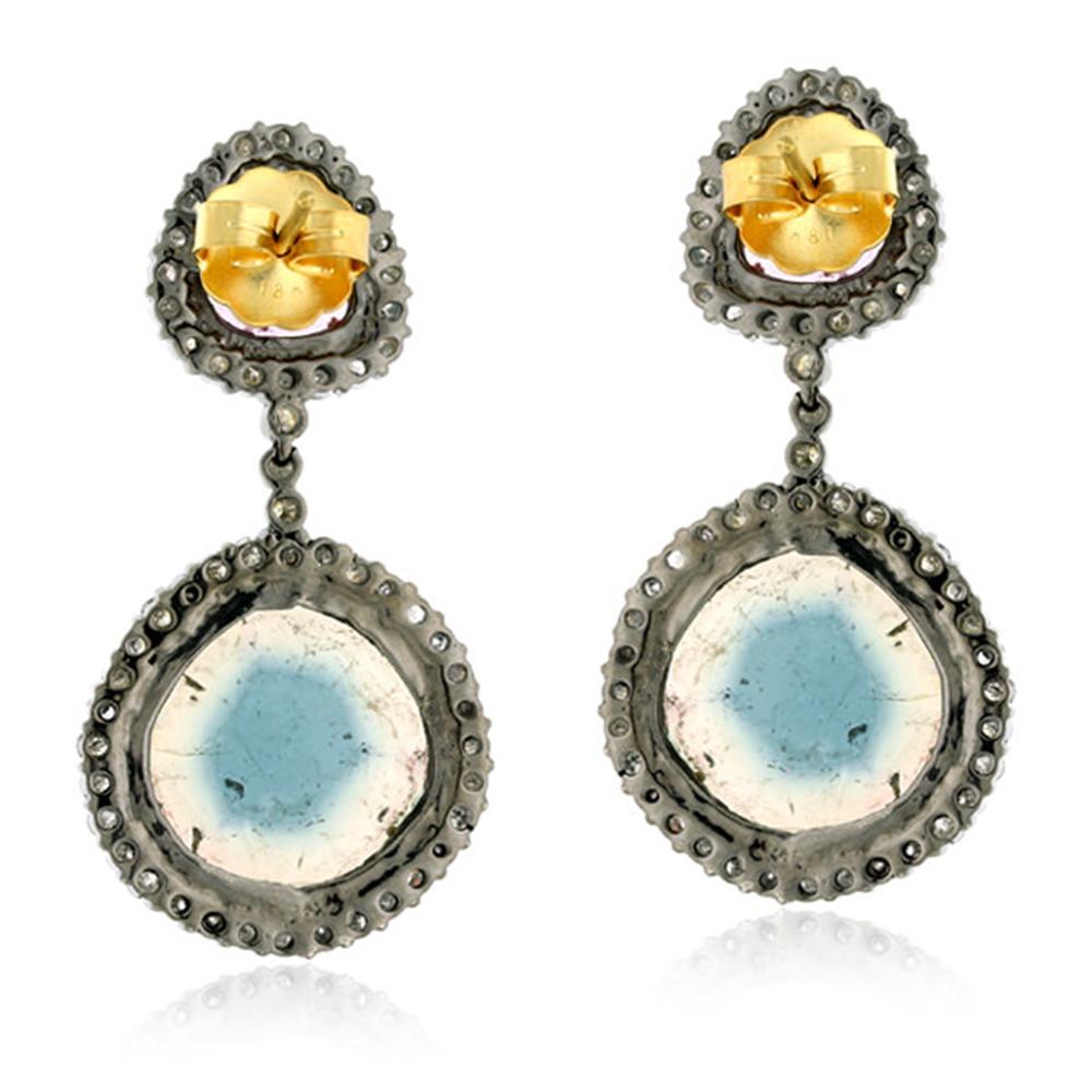 Mixed Cut Multi Color Tourmaline Dangle Earrings with Diamonds Made in 18k Gold & Silver For Sale