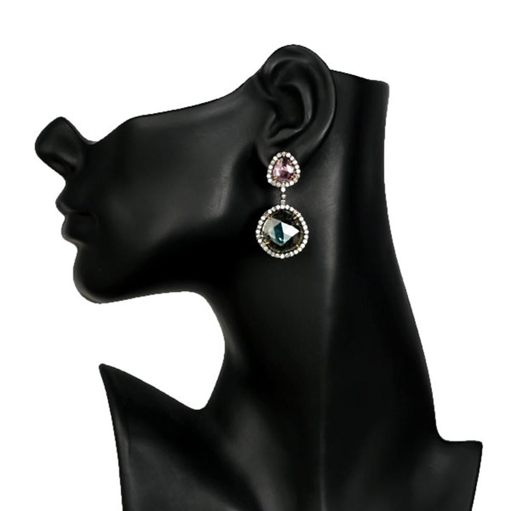 Multi Color Tourmaline Dangle Earrings with Diamonds Made in 18k Gold & Silver In New Condition For Sale In New York, NY