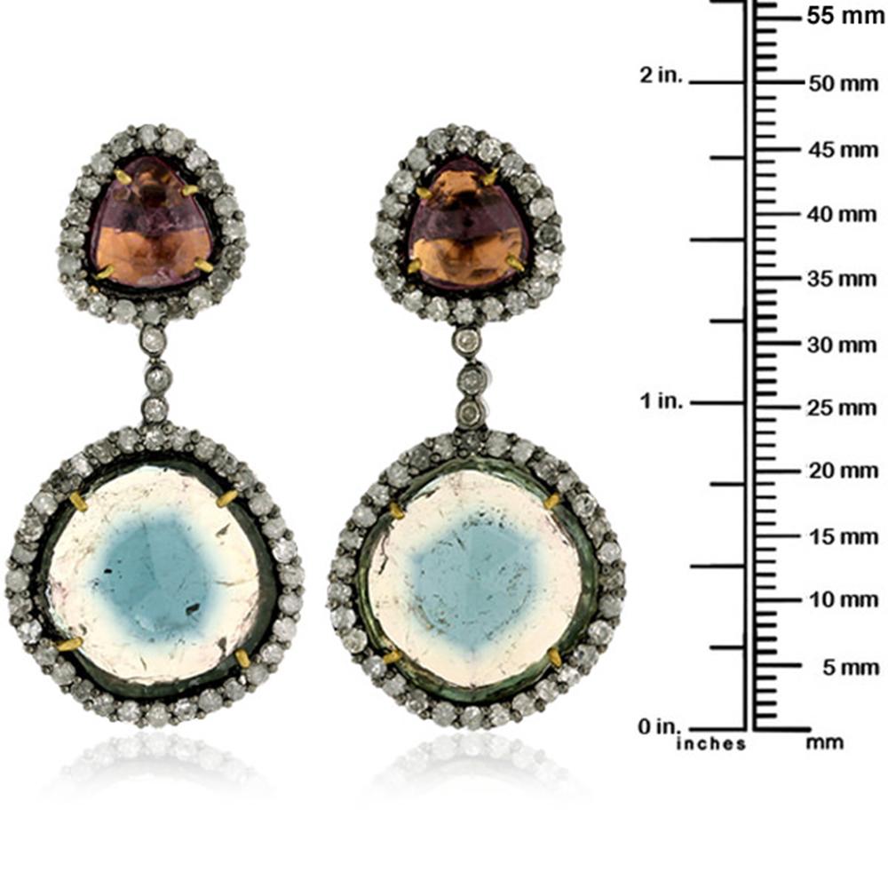 Women's Multi Color Tourmaline Dangle Earrings with Diamonds Made in 18k Gold & Silver For Sale