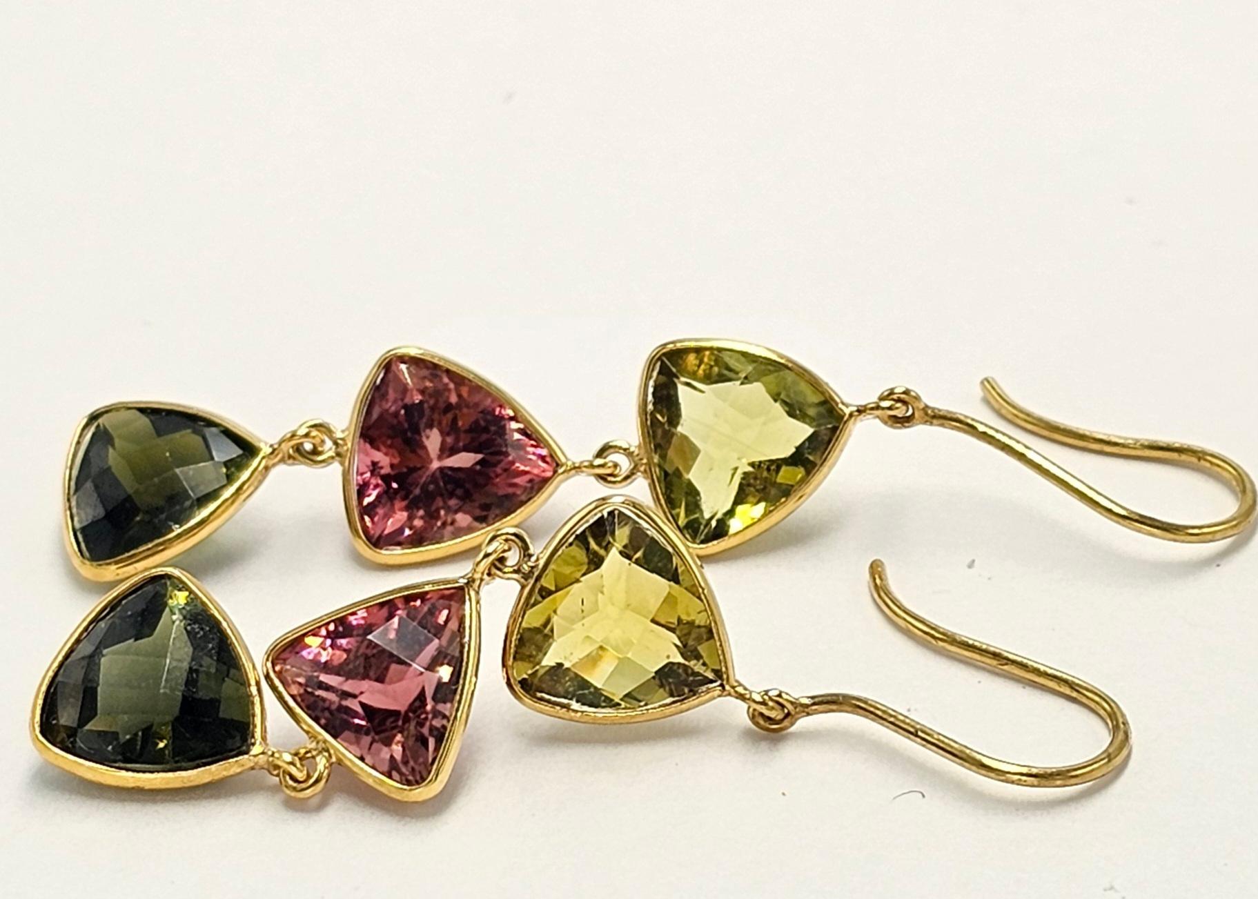 Trillion Cut Multi Color tourmaline Earring hand crafted in 14K gold For Sale