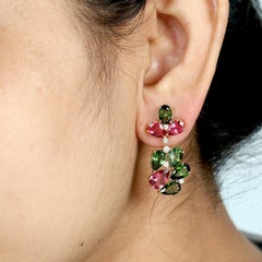 Multi Color Tourmaline Flower Resembling Earrings With Diamonds Made In 18k Gold