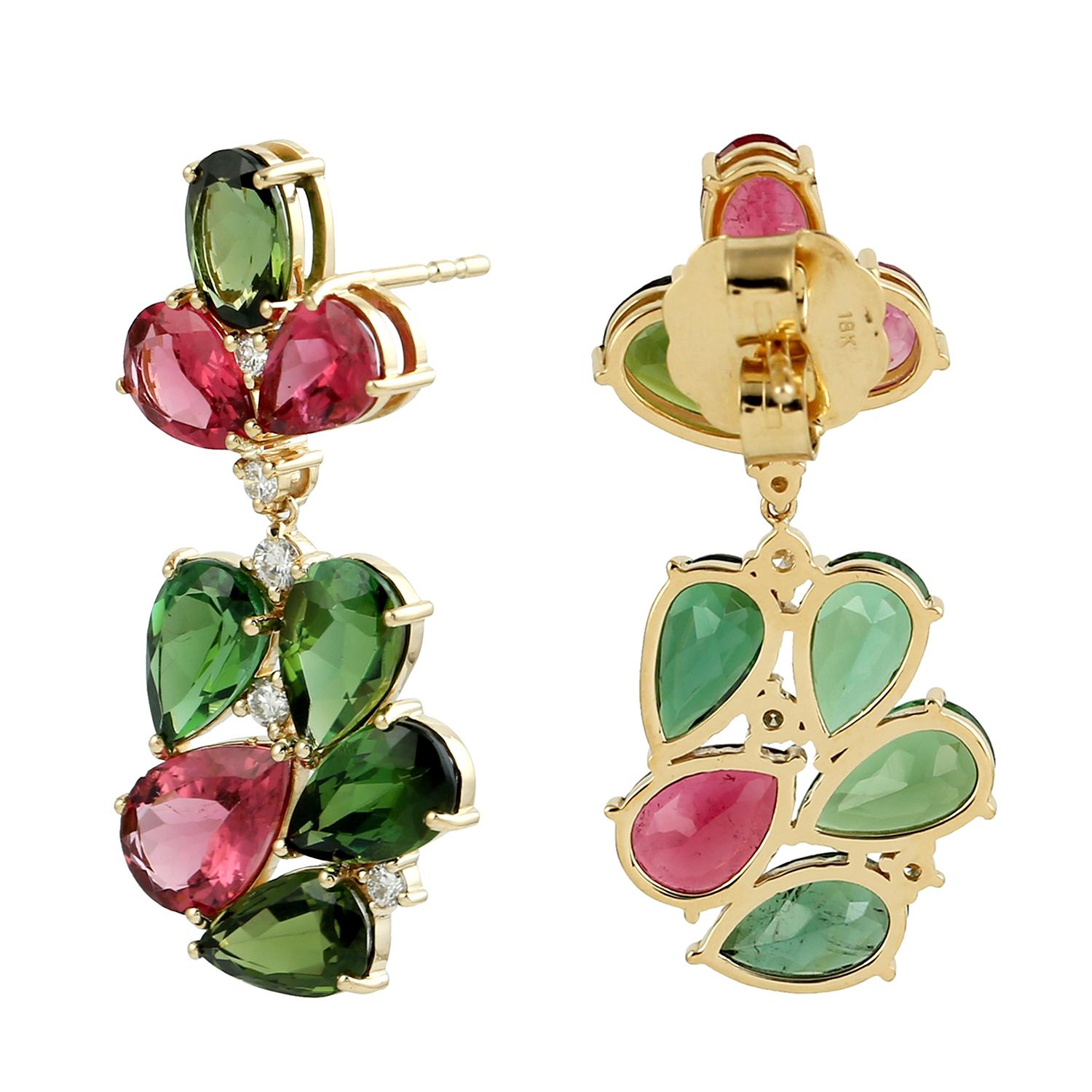Taglio misto Multi Color Tourmaline Flower Resembling Earrings With Diamonds Made In 18k Gold in vendita